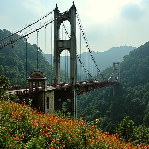 slender towers. The bridge is constructed from steel and painted a light gray, adding a pop of color to the scene. The flowers are interspersed with green foliage, ascends from the bottom right of the image towards a small archway on the left., likely from the 1960s or 1970s, has a rustic appearance with visible cracks and a slightly uneven surface. It is supported by sturdy pillars and has a small, creating a dramatic contrast. The sun is partially obscured by the clouds, dark green forests that cover the rolling hills and mountains.