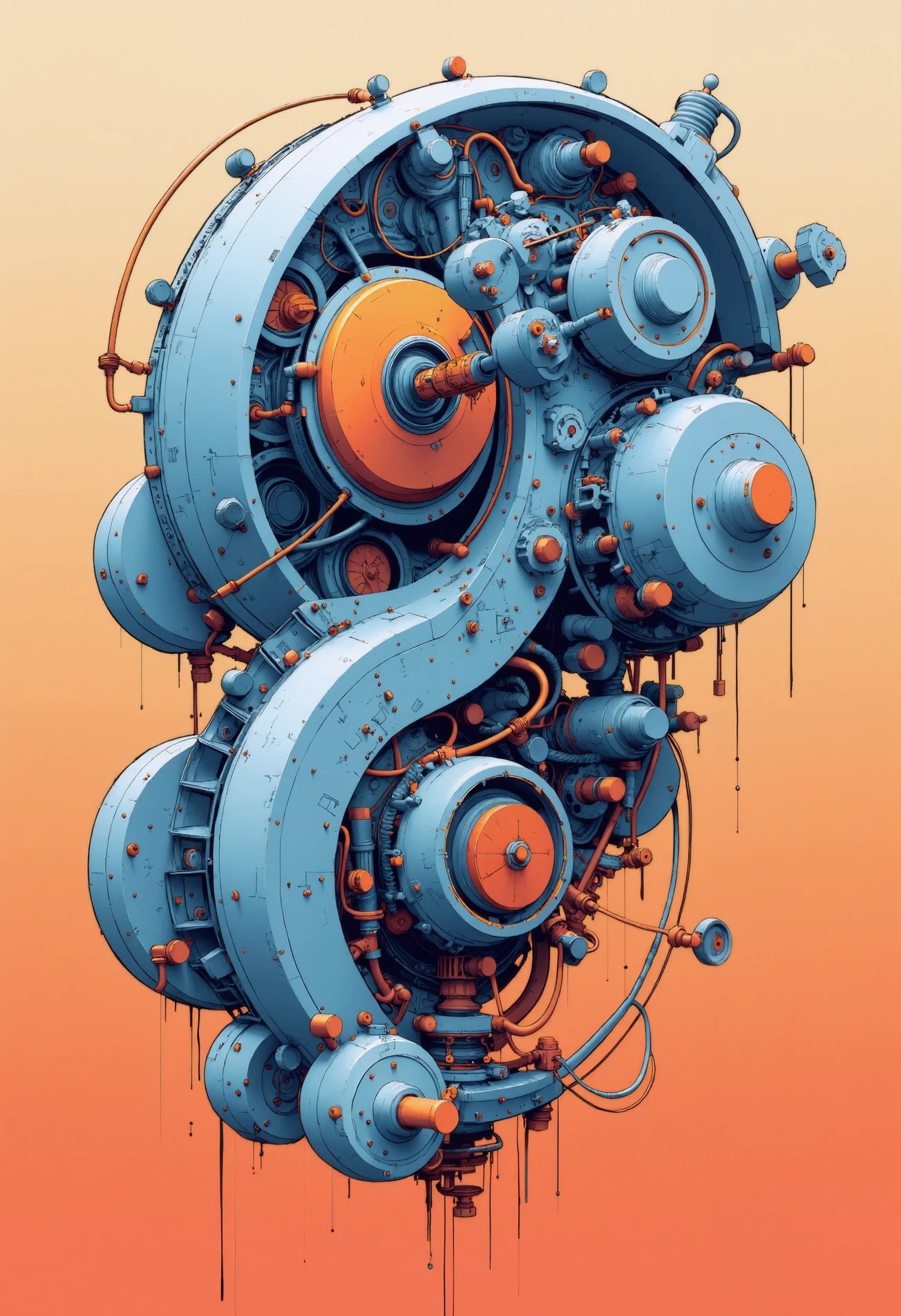 minrill illustration of a very complex apparatus, highly detailed, crisp linework, single gradient colored background