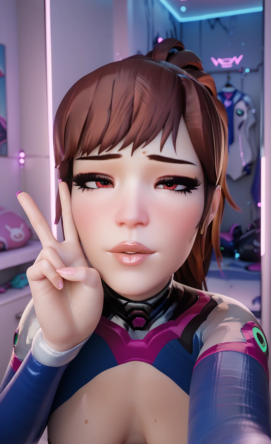 Masterpiece, Best Quality, High Resolution, 1Girl, Ultra High Resolution, Solo D.VA, Headphones, Pink eyes, Brown Hair, White Gloves, Face Decoration, Full Body Shot, Cute, Realistic, Cute Pose, Perfect Body, Cyber Punk background, wet street, Crop Top, Latex leggings, nsfw, cum, sexy, blowjob, sweat, (fellatio:1.4), adorable eyes, ((abs))