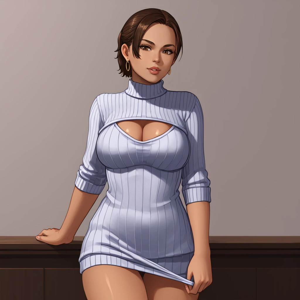 <lora:shevare5_pony_v1:0.81>shevaalomar, 1girl,  large breasts, dark-skinned female, dark skin, brown hair  lips, earrings, short hair, cowboy shot,  <lora:open-chest-sweater-ponyxl-lora-nochekaiser:1> open-chest sweater, ribbed sweater, cleavage cutout, meme attire, clothing cutout, turtleneck, sweater dress, cleavage, clothes tug, sweater pull, cleavage reach,