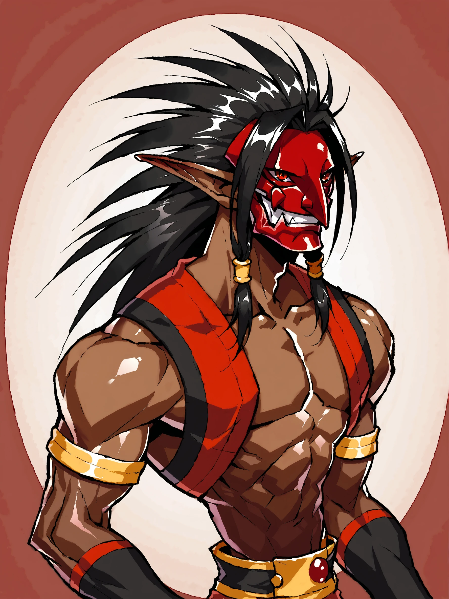 score_9, score_8up, score_7up, score_6up, score_5up, score_4up, abstract background, source_cartoon, rating_safe, BREAK
solo, male, 1boy, ss_tamtam, mask, dark skin, red eyes, pointed ears, black hair, long hair, red shoulders, thin waist, BREAK
 <lora:Tam_Tam_-_Samurai_Shodown_-_PDXL:1.0>