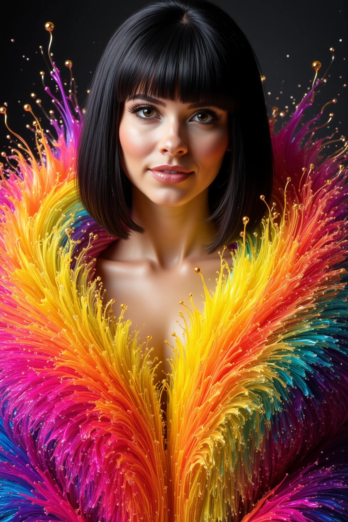 This vibrantly detailed image featuring a shapely Spanish woman. (Her figure from chest to hips is wrapped  with a day-glo colored FLS intensive splash fluffy fur:1.4), contrasting with the dark background. (Faint smile. A pure diamond of youth beauty and charm:1.3). (Vibrant colors, fine details). Her  glossy hair is impeccably styled in a sharp geometric bob that frames her face perfectly, with blunt bangs that rest just above her eyebrows. The hair shines with a mirror-like finish, reflecting light and adding to the polished, almost metallic look. 
<lora:flux_fluffysplash_fls:1>