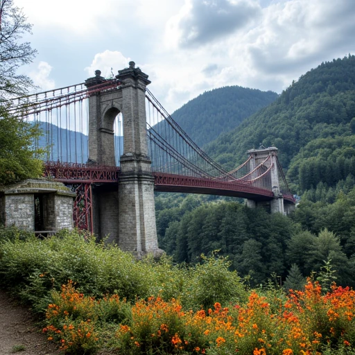 slender towers. The bridge is constructed from steel and painted a light gray, adding a pop of color to the scene. The flowers are interspersed with green foliage, ascends from the bottom right of the image towards a small archway on the left., likely from the 1960s or 1970s, has a rustic appearance with visible cracks and a slightly uneven surface. It is supported by sturdy pillars and has a small, creating a dramatic contrast. The sun is partially obscured by the clouds, dark green forests that cover the rolling hills and mountains.