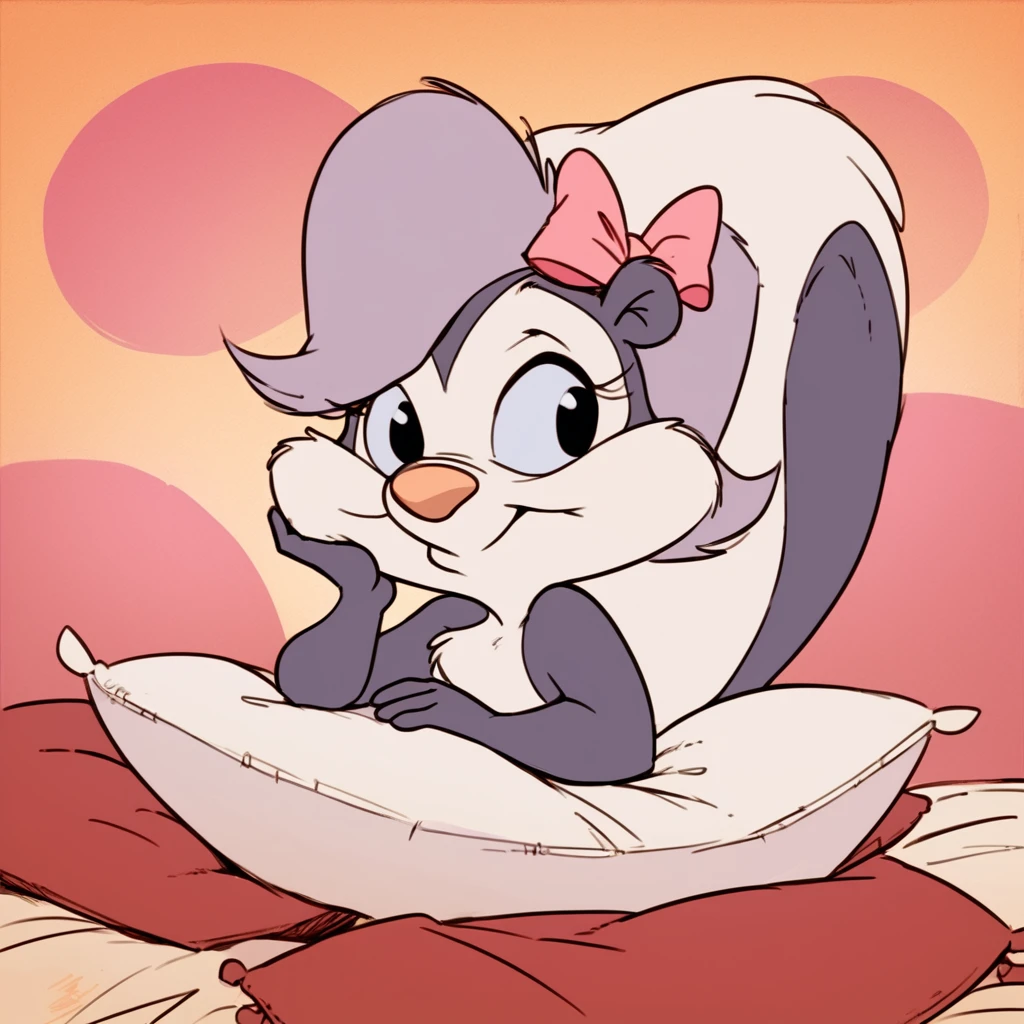 Fifi la fume on a pillow, bedroom, female, [[[skunk]]], [[[ear bow]]], short stack, nude, <lora:FifilafumeTMS_Version1.b:1.00>, <lora:POVCheekSquash_XLPD:1> cheek squash, score_9, score_8_up, score_7_up, score_6_up, source_furry,
detailed background,