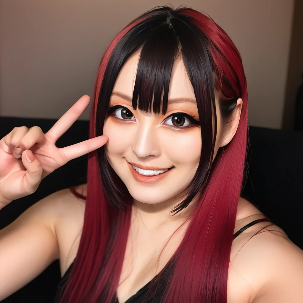 <lora:Pony_-_IYO_SKY:1>, 1yosky,1girl, black hair, v, solo, smile, looking at viewer, makeup, multicolored hair, black eyes, brown eyes, long hair, red hair