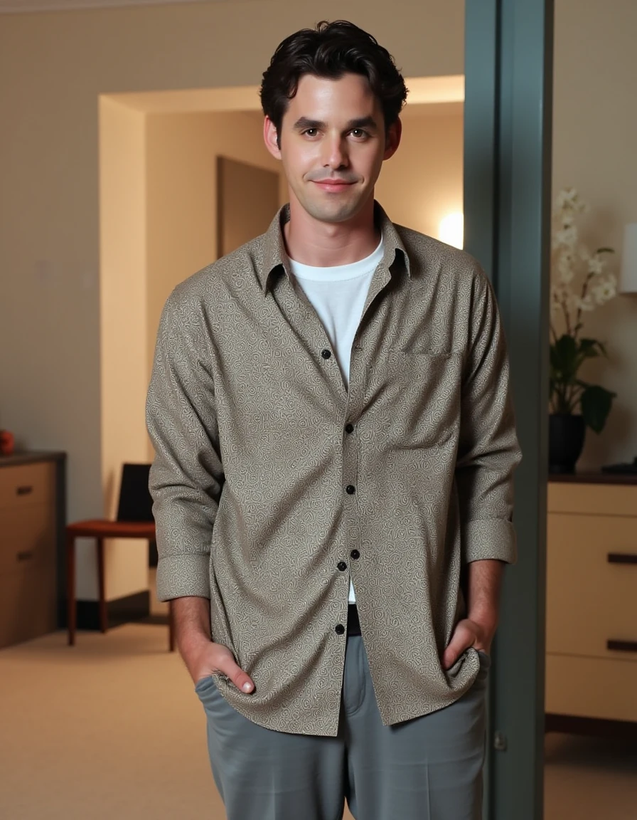 <lora:Xander_Harris_Flux:1> This photograph features a young man mid 20's standing indoors, hair styled neatly, slightly tousled manner. wearing a loose long sleeve shirt with a repeating pattern, t-shirt and slacks. Looking at the viewer, smile