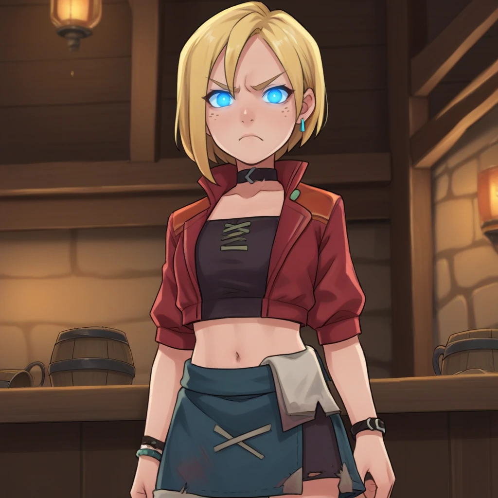 score_9, score_8_up, score_7_up, score_6_up, score_5_up, score_4_up, zPDXL2,source_anime,rating_questionable,  1girl,  looking at viewer, scowl, angry, shadowed face, red glowing eyes, low angle,  indoors,  tavern, <lora:Grace_-_My_Time_at_Sandrock:0.8> Grace_MTaS,short hair, blonde hair, blue eyes, freckles, choker,  red jacket,black crop top,  midriff, navel, skirt,  bracelet, earrings