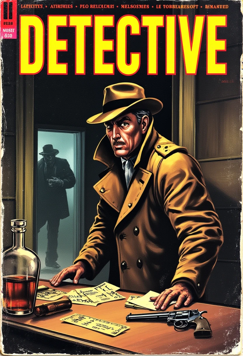 Classic hard-boiled pulp magazine cover titled "Detective" in bold, gritty block letters at the top. The scene features a rugged detective in a trench coat leaning against his desk in a dimly lit office. A revolver lies on the desk next to a half-empty whiskey bottle and scattered case files. In the background, a shadowy figure stands in the doorway, illuminated only by the sliver of light from the hallway. The color palette is dominated by sepia tones and deep shadows, evoking a tense and mysterious 1940s noir atmosphere. vintage pulp magazine cover, faded colors, creased and worn edges, torn and frayed corners, cracked and peeling surface, faded ink, yellowed paper, distressed texture, smudged and worn-out typography, retro illustration style, scuffed and weathered look, printed in mid-century design, signs of aging and heavy use, nostalgic and well-loved aesthetic