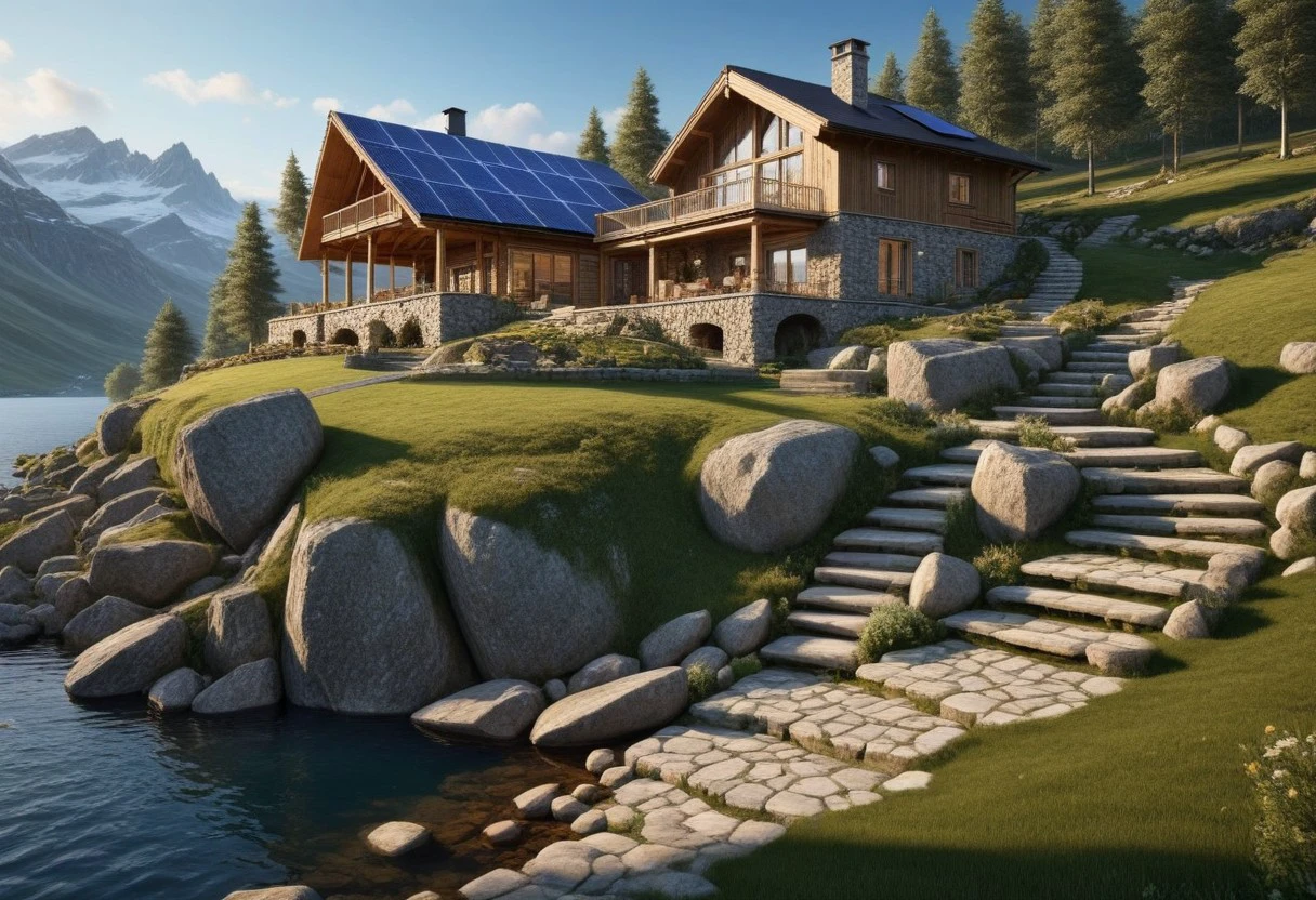 ultra-realistic image with high resolution and stable focus correct and accurate anatomy, correct and accurate objects, perfect detail, in the architectural style of a family house built of stone and wood merging with nature, designed for ecological neutrality of natural materials, in the mountains, forest ,garages,wide porch,outbuildings,table chairs,barbecue,fire pit,swimming pool,cut into the rocks,grass roof,steps,stone path,waterfall,lake,river,ultra realism,photo realism,single story,multi story,slope, wind generators, solar panels, sunset, (winter season), snow, frozen lake, close-up