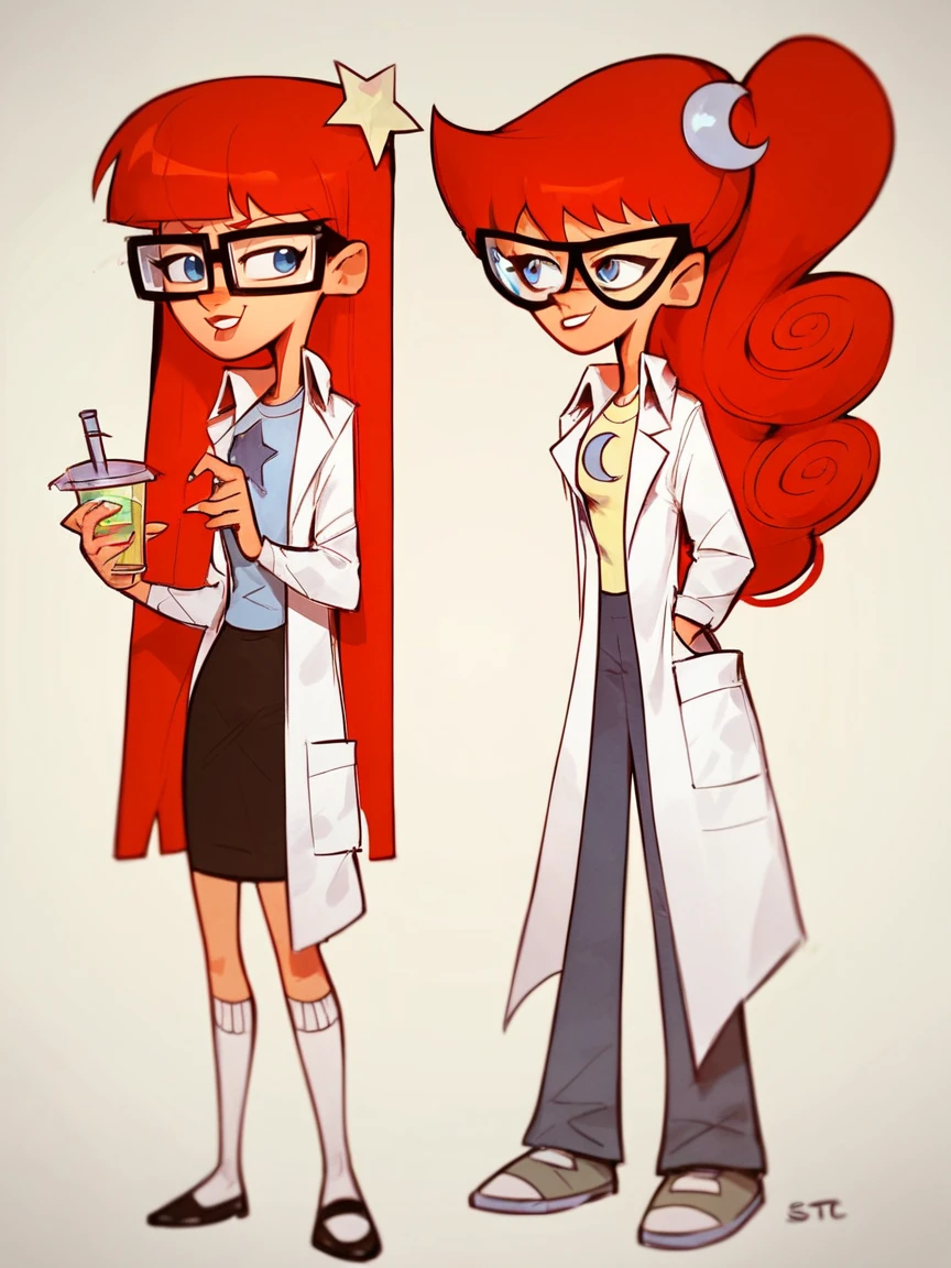 score_9, score_8_up, score_7_up, score_6_up, score_5_up,  <lora:SusanMarytestXLP:1> jt, labcoat, glasses, red hair, long hair, susan test, 2girls, blue eyes, mary test,