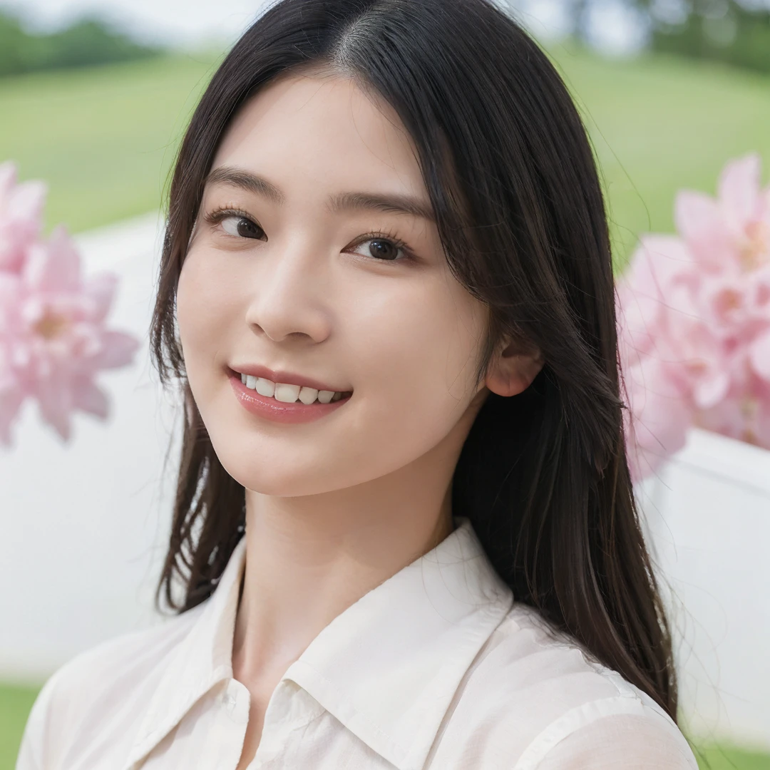 1girl,solo,long hair,forehead,black hair,black eyes,lips,smile,teeth,city lady,(suit, collared shirt),looking at viewer,outdoors,scenery,flower,sakura,fantasy,((glowing)),portrait,(blurry),simple background,((realistic,reality)),Highly detailed,(ultra-detailed),(best quality,masterpiece:1.5),<lora:Suzu:0.65>,