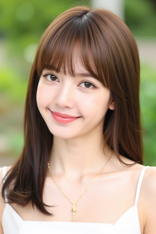 masterpiece, best quality, ultra-detailed, ultra high res, (photorealistic:1.4), raw photo, (realistic:0.2), 8k HDR, realistic lighting, 1girl, solo, (asian:0.2), asymmetrical brown hair, outdoor, day, (simple background:1.4), bokeh, (detailed lips), (detailed pores), (detailed skin textures), (detailed face:1.2), (upper body:1.2), a woman in a sundress, promotional image, a character portrait. <lora:Tissue_Lisa_Flux_v1.0-LowRep:1>