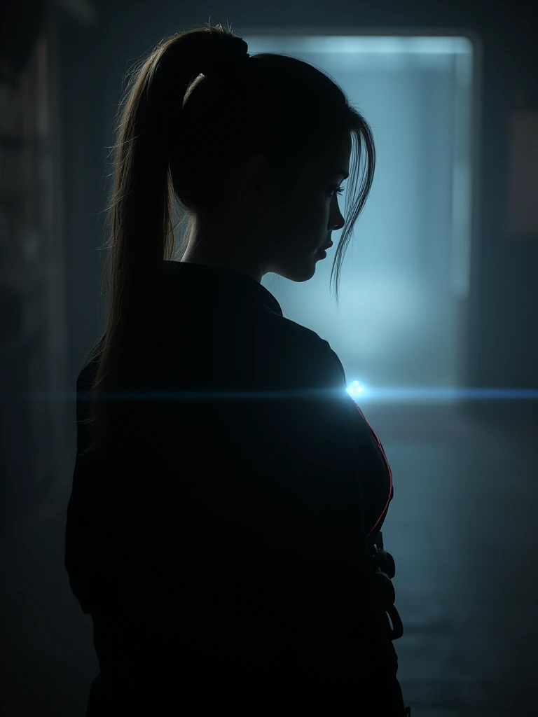 realistic,raw photo,a samurai woman with a really long pony tail she is backward toward the camera, the dask scene is barely lit with dim lighting, the main light source is in front of her. she is looking sideway,