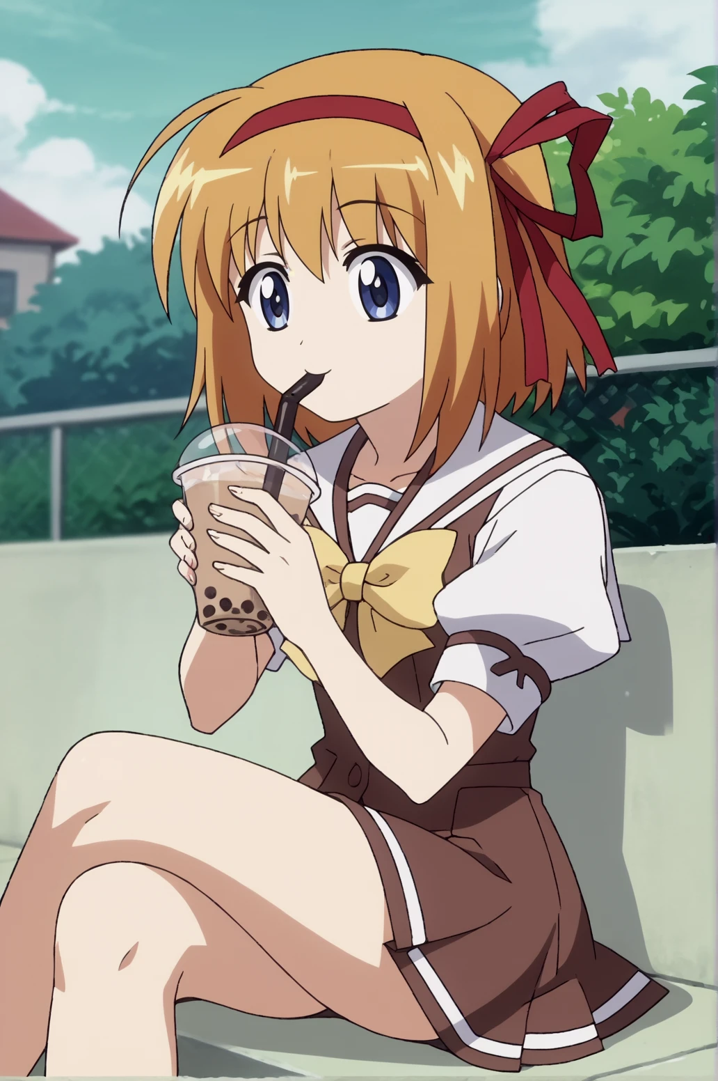 score_9, score_8_up, score_7_up,anime_source, source_anime, best background, detailed background, anime screencap,  Kaede Fuyo, School Outfit, outdoors, drinking, bubble tea, happy, sitting, crossed legs, <lora:JN_Kaede_Fuyo:0.8>