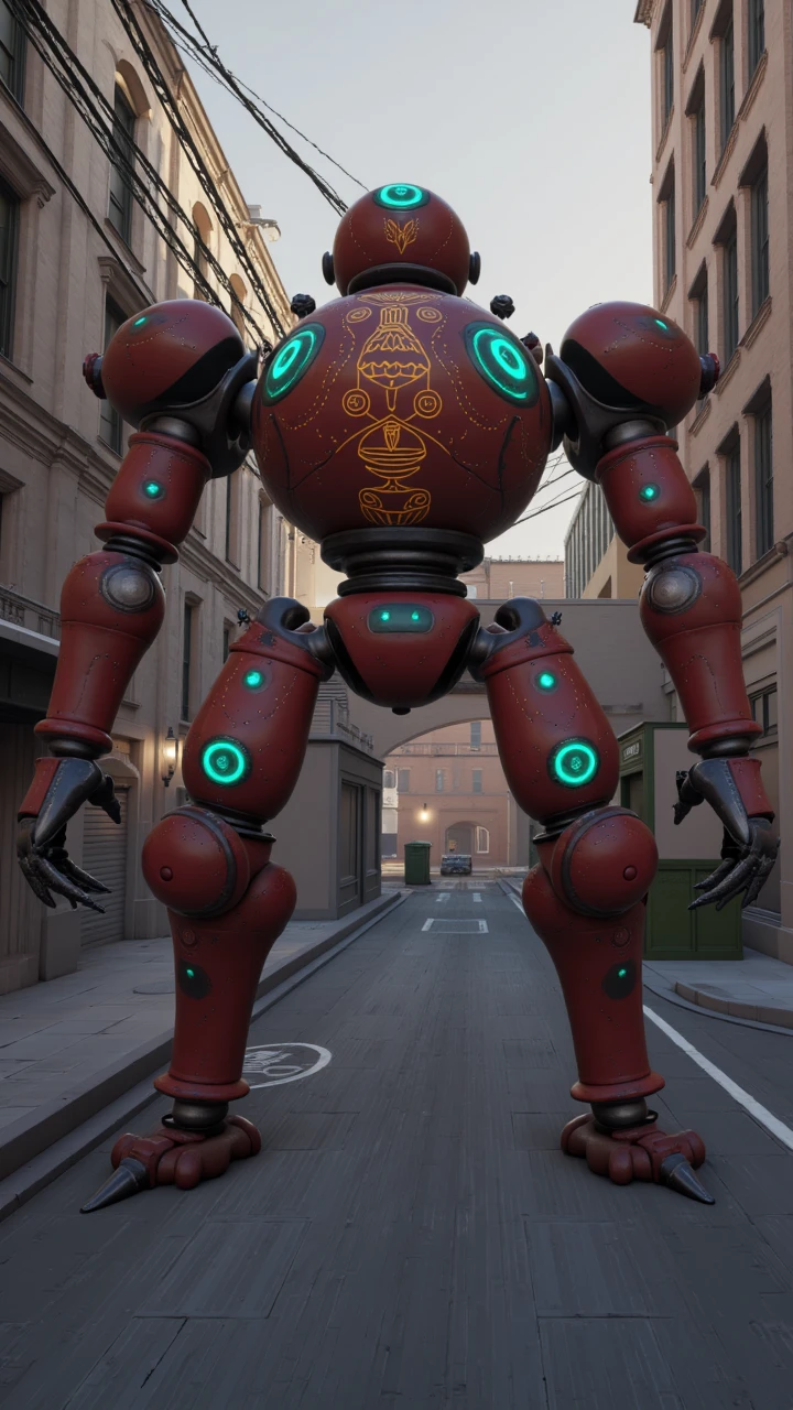 aidmaDeadlock, walker, This is a detailed CGI rendering of a dystopian urban scene. The main subject is a large, imposing mechanical robot, resembling a fusion of industrial and organic design elements. The robot, predominantly red with glowing blue and orange accents, stands in the center of the image. It has a spherical head with glowing eyes and intricate, glowing blue patterns adorning its body, including circular symbols and geometric shapes. The robot's body is robust, with large, articulated limbs and mechanical joints, giving it a powerful, menacing stance.  The scene is set in a narrow, dimly lit alleyway between two buildings.