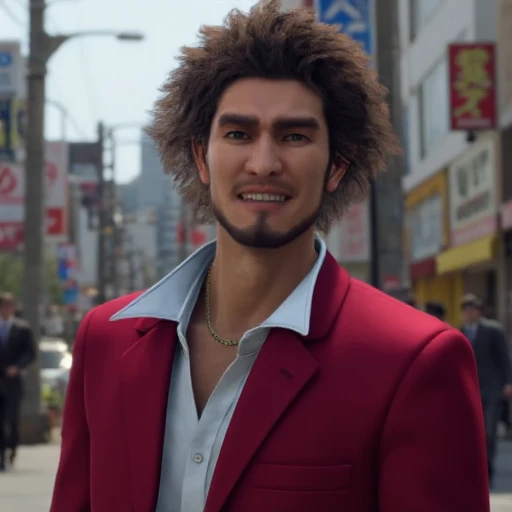 Upper body photo of ichbnksg wearing a gold necklace and red suit with white shirt underneath. His hair is styled in punch perm. He is smiling while looking at the camera. The background implies a Japanese city street at daytime.