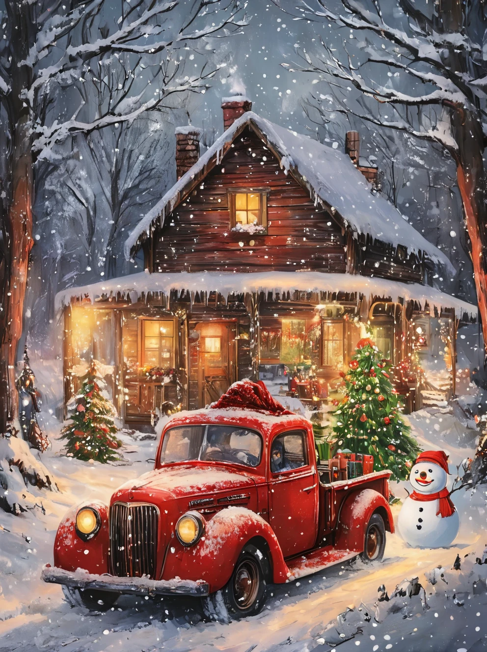 ,xueren,santa costume,facial hair,snowing,solo,hat,1boy,christmas,red headwear,beard,looking at viewer,fur trim,male focus,mustache,long sleeves,black eyes,standing,snowman,ground vehicle,outdoors,motor vehicle,scarf,tree,window,scenery,gift,red scarf,car,night,sky,winter,house,box,<lora:Christmas-wwm:0.8>