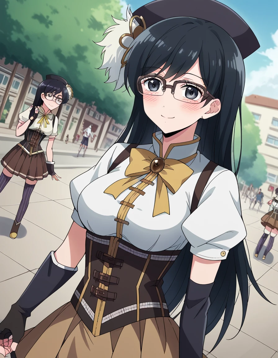 score_9, score_8_up, score_7_up, source_anime, <lora:kyouko-kuroyuri-s1-ponyxl-lora-nochekaiser:1>, kyouko kuroyuri, long hair, black hair, black eyes, glasses, medium breasts,, <lora:mami-tomoe-cosplay-ponyxl-lora-nochekaiser:1>, mamitomoecosplay, tomoe mami (cosplay), black gloves, black headwear, black thighhighs, brown skirt, detached sleeves, fingerless gloves, gloves, magical girl, pleated skirt, puffy short sleeves, short sleeves, skirt, corset, striped clothes, striped thighhighs, white shirt, white sleeves, ribbon,, outdoors, street, smile, blush, , dutch angle,