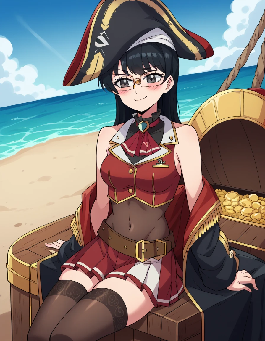 score_9, score_8_up, score_7_up, source_anime, <lora:kyouko-kuroyuri-s1-ponyxl-lora-nochekaiser:1>, kyouko kuroyuri, long hair, black hair, black eyes, glasses, medium breasts,, <lora:marine-houshou-cosplay-ponyxl-lora-nochekaiser:1>, marinehoushoucosplay, houshou marine (cosplay), ascot, belt, black choker, black coat, black thighhighs, brown belt, covered navel, cropped jacket, frilled choker, frills, jacket, leather belt, leotard, leotard under clothes, pirate hat, pleated skirt, red ascot, red coat, red jacket, red ribbon, red skirt, skirt, sleeveless, sleeveless jacket, thighhighs, two-sided coat, two-sided fabric,, outdoors, ocean, blush, smile, sitting, treasure, gold, treasure chest, smug, blue sky, clouds, boat, pirate ship, , dutch angle,