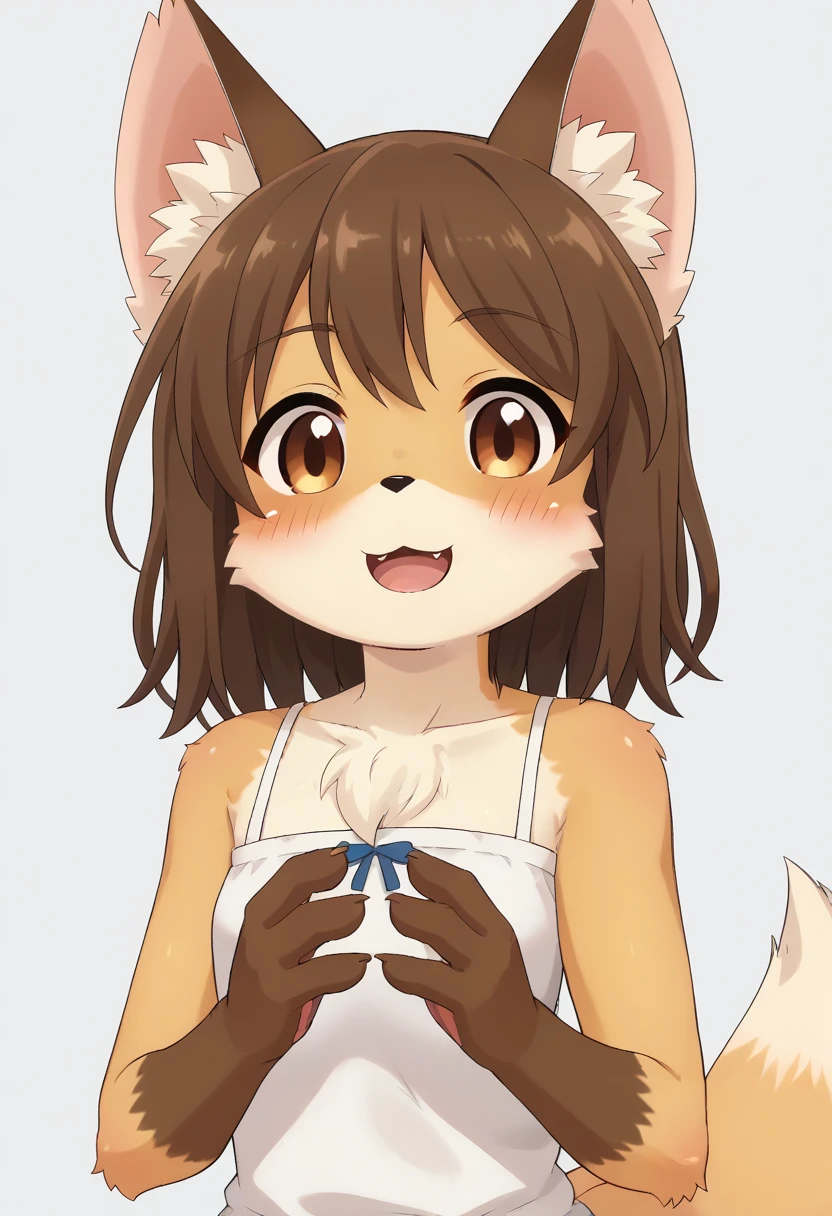 score_9, score_8_up, score_7_up, source_furry, kmc, <lora:FoxGirl_pony_v1:1>, anime screencap, furry female, furry, animal ears, tail, tareme, brown eyes, looking at viewer, blush, fox ears, brown hair, medium hair, smile, open mouth, dress, fox tail, upper body, from below side, simple background, white background, <lora:p:0.3> <lora:Anime_Screencap:0.7>