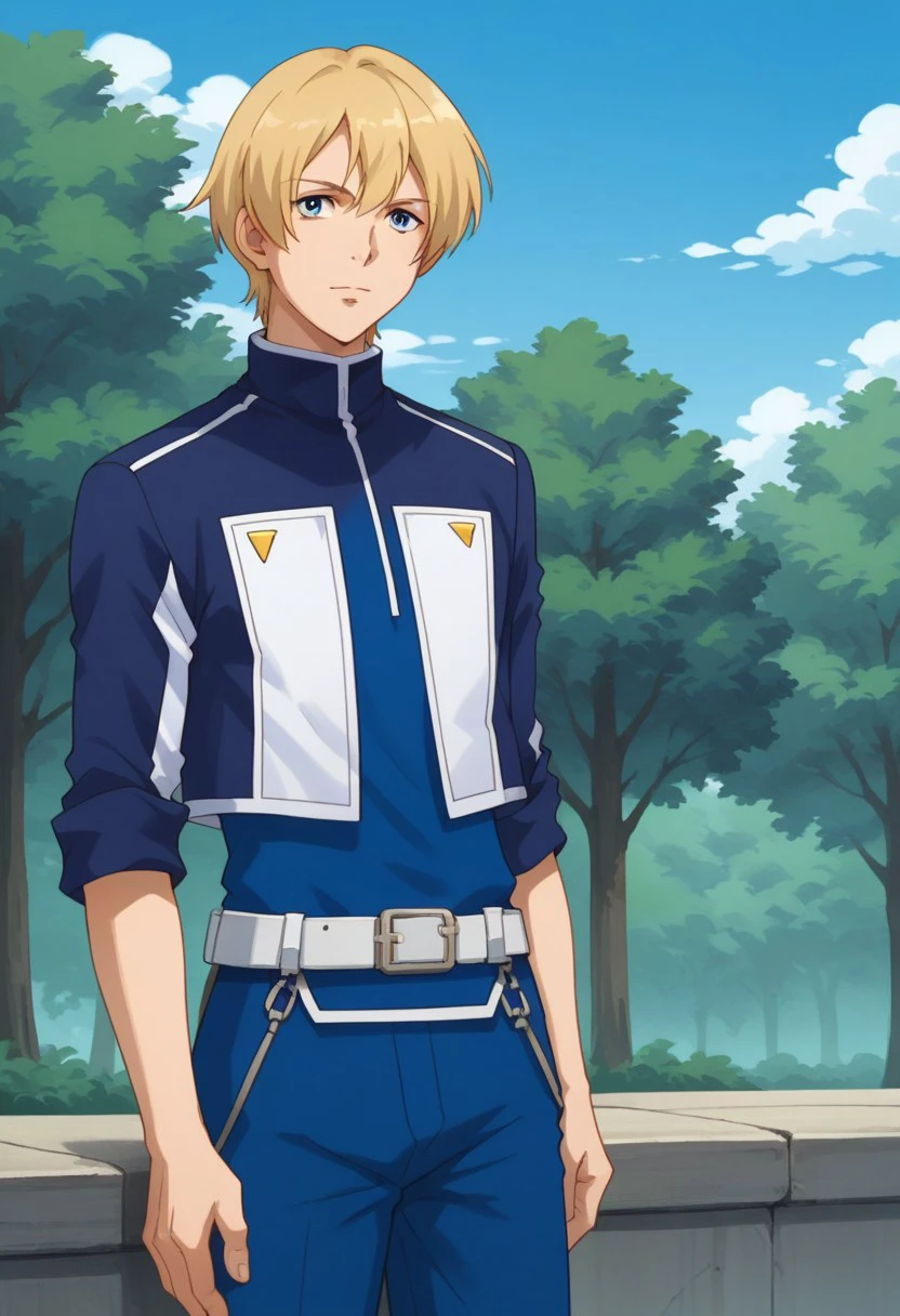 score_9, score_8_up, score_7_up, source_anime, highly detailed, 
1boy, male focus, solo, blonde hair, blue eyes, uniform, shirt, blue shirt, jacket, cropped jacket, blue jacket, belt, pants, blue pants,
outdoor, sky, cloud, tree