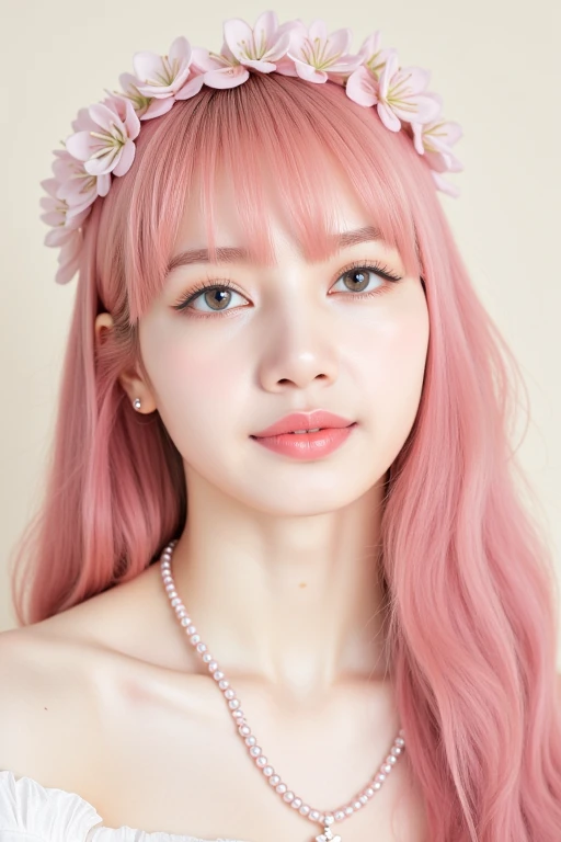 a high-resolution, softly lit photograph featuring a young Asian woman with a delicate, ethereal appearance. She has long, wavy hair in a soft pink hue, styled with bangs that frame her face. Her skin is a smooth, pale complexion, and her eyes are a striking feature, with a subtle, shimmery effect that catches the light. Her lips are painted a soft, muted pink, and she wears a delicate, beaded necklace around her neck. The background is a soft, creamy white, which helps to emphasize the subject's delicate features and the soft pastel colors of her hair and accessories. The image is rich in texture and detail, with a focus on the subject's serene and dreamy expression. The overall aesthetic is whimsical and romantic, evoking a sense of innocence and vulnerability. The photograph's soft focus and pastel colors create a dreamy, ethereal atmosphere, perfect for a fantasy or fairy tale-inspired setting. The subject's delicate features and accessories, such as the floral headpiece, add to the enchanting and otherworldly quality of the image. The style is reminiscent of high-fashion photography, with a focus on delicate, feminine beauty. <lora:Tissue_Lisa_Flux_v1.0-LowRep:1>