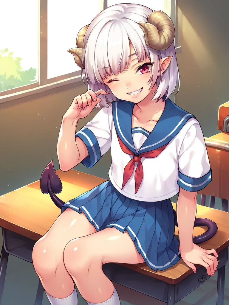 score_9, score_8_up, score_7_up, 
1girl, serafuku, flat chest, blue skirt, school uniform, short sleeves, sitting, on desk, school desk, smile, wink, looking at viewer, demon horns, demon tail, medium hair, white hair,