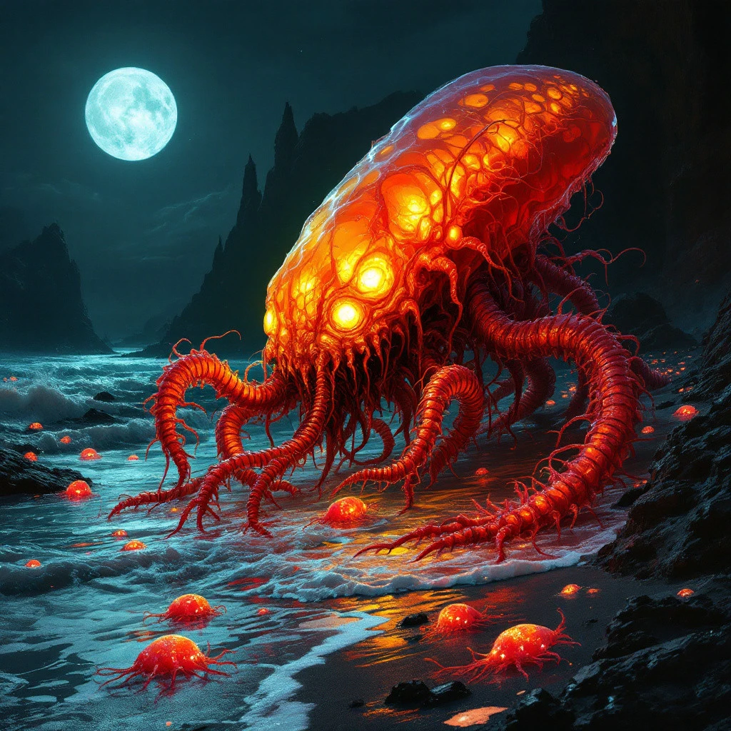 Grotesque, elongated, red and yellow translucent creature with an otherworldly, bioluminescent glow, akin to a deep-sea jellyfish, crawling with twisted, spindly limbs on a desolate, moonlit beach, surrounded by jagged, volcanic rock formations, with the eerie, flickering light of luminescent plankton scattered across the waves, in the style of Zdzisław Beksiński's surreal, dreamlike landscapes, combined with the eerie, unsettling atmosphere of H.R. Giger's xenomorph designs, and the vibrant, iridescent colors of Ash Thorp's futuristic, neon-lit visions.