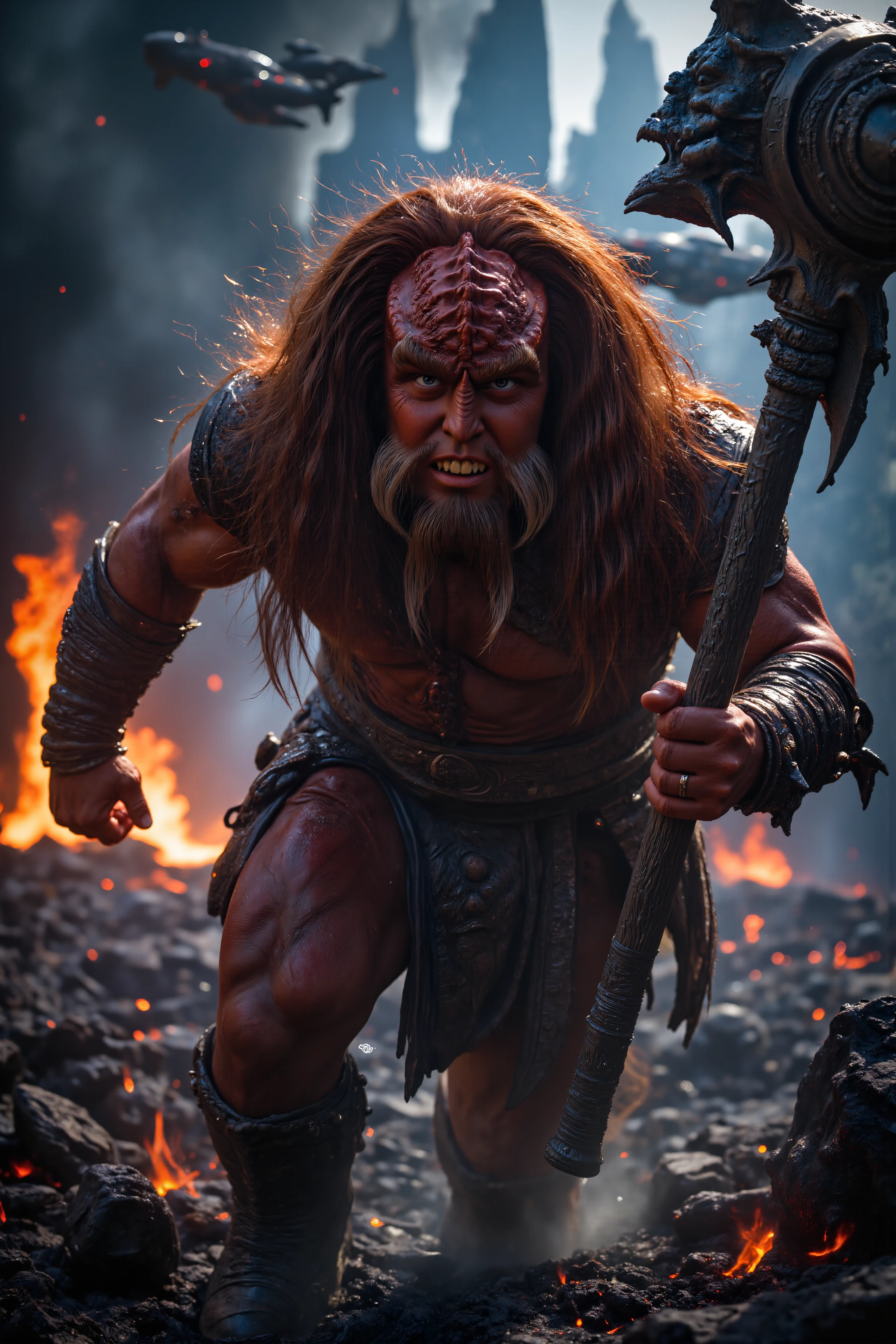 A towering Klingon warrior, with dark ridged skin and fiery amber eyes, charges forward through a war-torn battlefield. His muscular frame is covered in intricate leather armor, its deep, crimson streaks glowing faintly under the dim, smoky sky. In one hand, he grips a massive, jagged steel mace, its surface stained with fresh blood, while the other hand clenches into a fist ready to strike. Behind him, the sky erupts in bursts of orange and blue as futuristic airships exchange fire above, and crumbling skyscrapers collapse in the distance. The Klingon's snarl is fierce, his sharp teeth bared as he swings his mace in a wide arc, smashing through an enemy drone in a shower of sparks and metal. His long hair flows wildly in the wind, catching the light of the distant explosions, giving him a primal, unstoppable presence. The ground beneath his feet is scorched and littered with debris, as the fight rages on around him, the roar of battle a perfect backdrop to his unyielding fury.<lora:midjourney_whisper_flux_lora_v01:0.55><lora:aidmaMJ6.1-FLUX-V0.1:0.4><lora:FluxMythP0rtr4itStyle:0.4><lora:detailed_flux_ntc:2.2><lora:aidmaImageUpgrader-FLUX-V0.1:0.65><lora:klingon_FLUX:1.3>