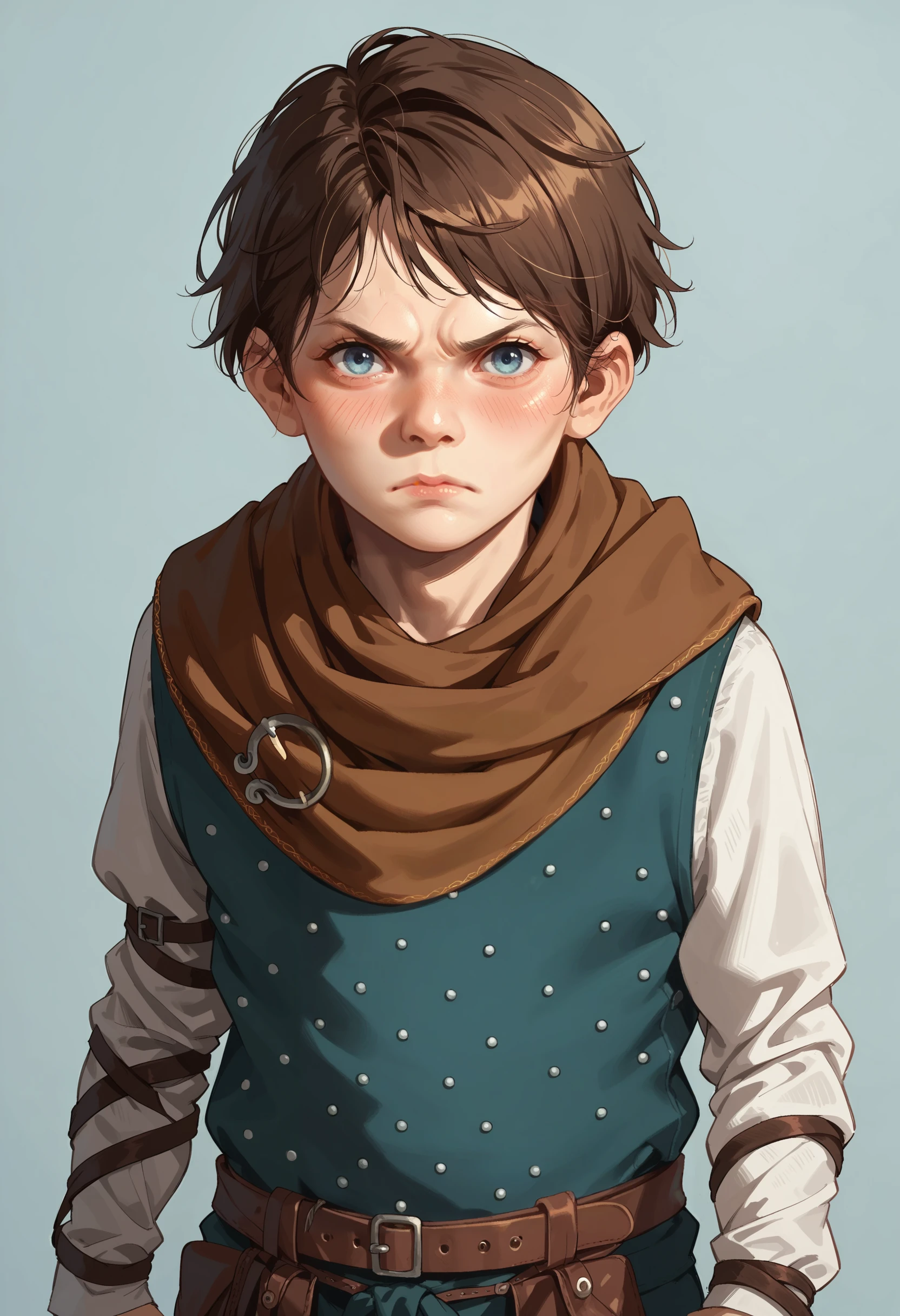 score_9, score_8_up, score_7_up, score_6_up, score_5_up, score_4_up, 1boy, <lora:HugoPTR:0.85> brown hair, short hair, blue eyes, scarf, long sleeves, belt, upper body, standing, looking at viewer, angry, blush, 
light blue background, simple background,