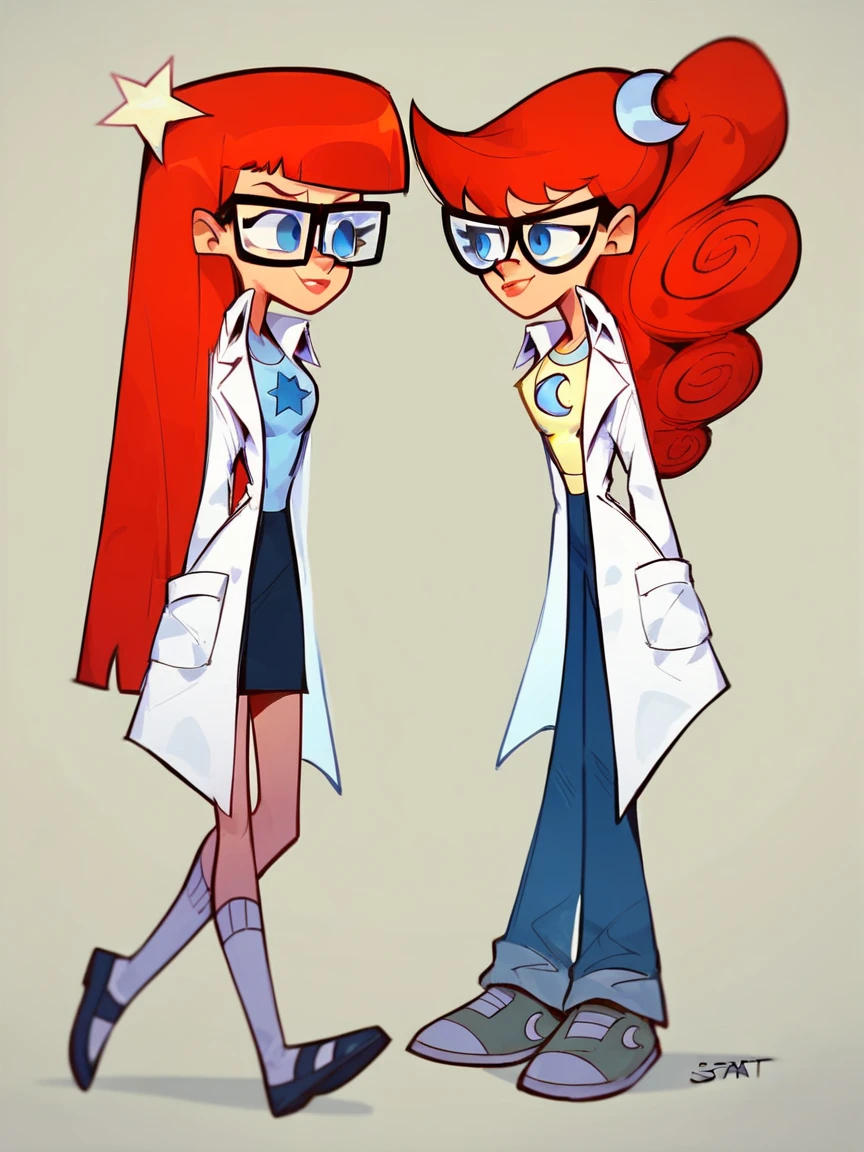 score_9, score_8_up, score_7_up, score_6_up, score_5_up,  <lora:SusanMarytestXLP:1> jt, labcoat, glasses, red hair, long hair, susan test, 2girls, blue eyes, mary test,