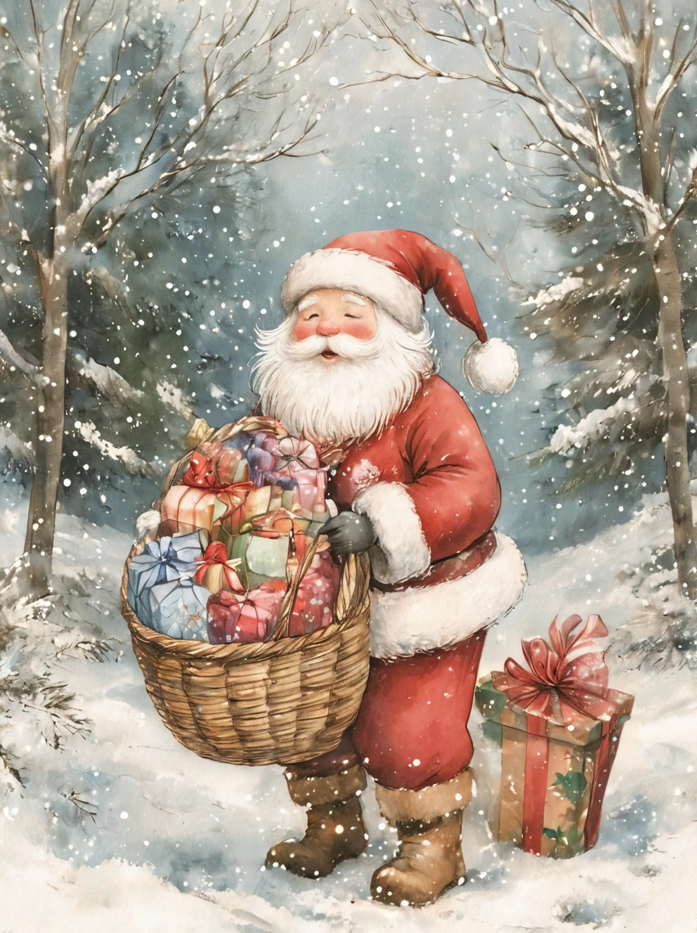 ,xueren,1boy,solo,beard,facial hair,male focus,snowing,hat,snow,gift,closed eyes,santa hat,blush,outdoors,white hair,box,holding,standing,smile,tree,mustache,basket,christmas,full body,brown footwear,fur trim,day,coat,boots,<lora:Christmas-wwm:0.8>