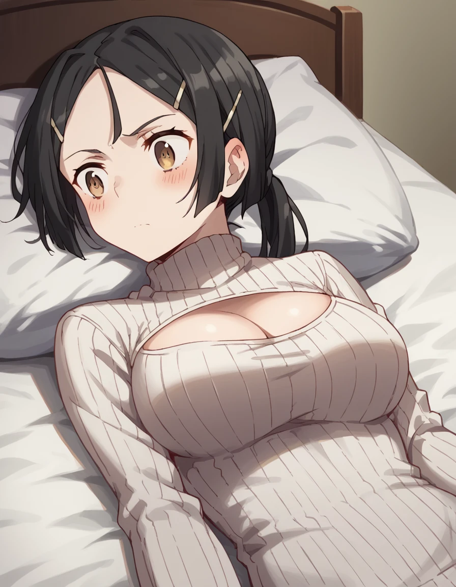 score_9, score_8_up, score_7_up, source_anime, <lora:izetta-bianca-s1-ponyxl-lora-nochekaiser:1>, bianca, black hair, hair ornament, brown eyes, hairclip, ponytail, large breasts,, <lora:open-chest-sweater-ponyxl-lora-nochekaiser:1>, open-chest sweater, ribbed sweater, cleavage cutout, meme attire, clothing cutout, turtleneck, sweater dress, cleavage, clothes tug, sweater pull, cleavage reach,, indoors, bed, bed room, blush, on bed, on back, , dutch angle,