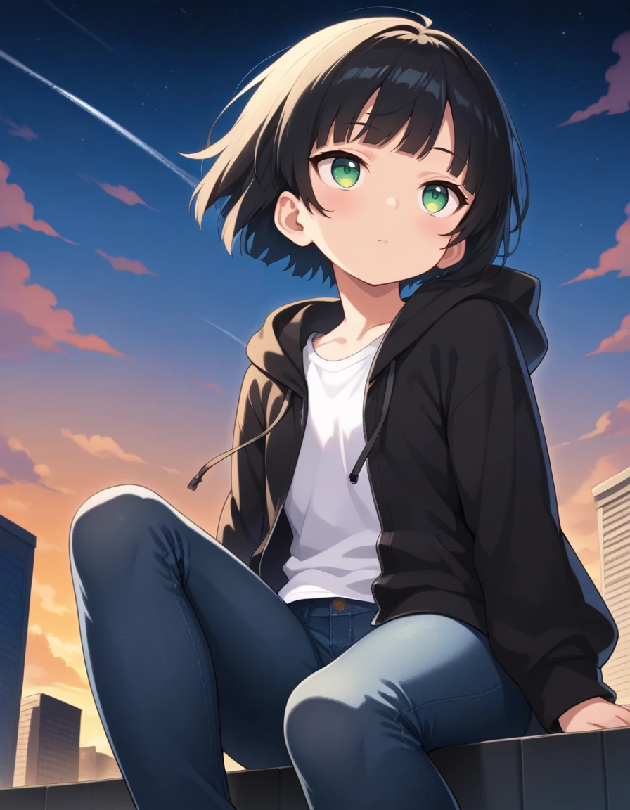 masterpiece, best quality, good quality, 
1girl, tomboy, black hair, green eyes, head tilt, black hooded jacket, white T-shirt, jeans, knee up, sitting, city, evening, wind, from below, starry sky, looking up, hime cut, short hair, rooftop, contrail,