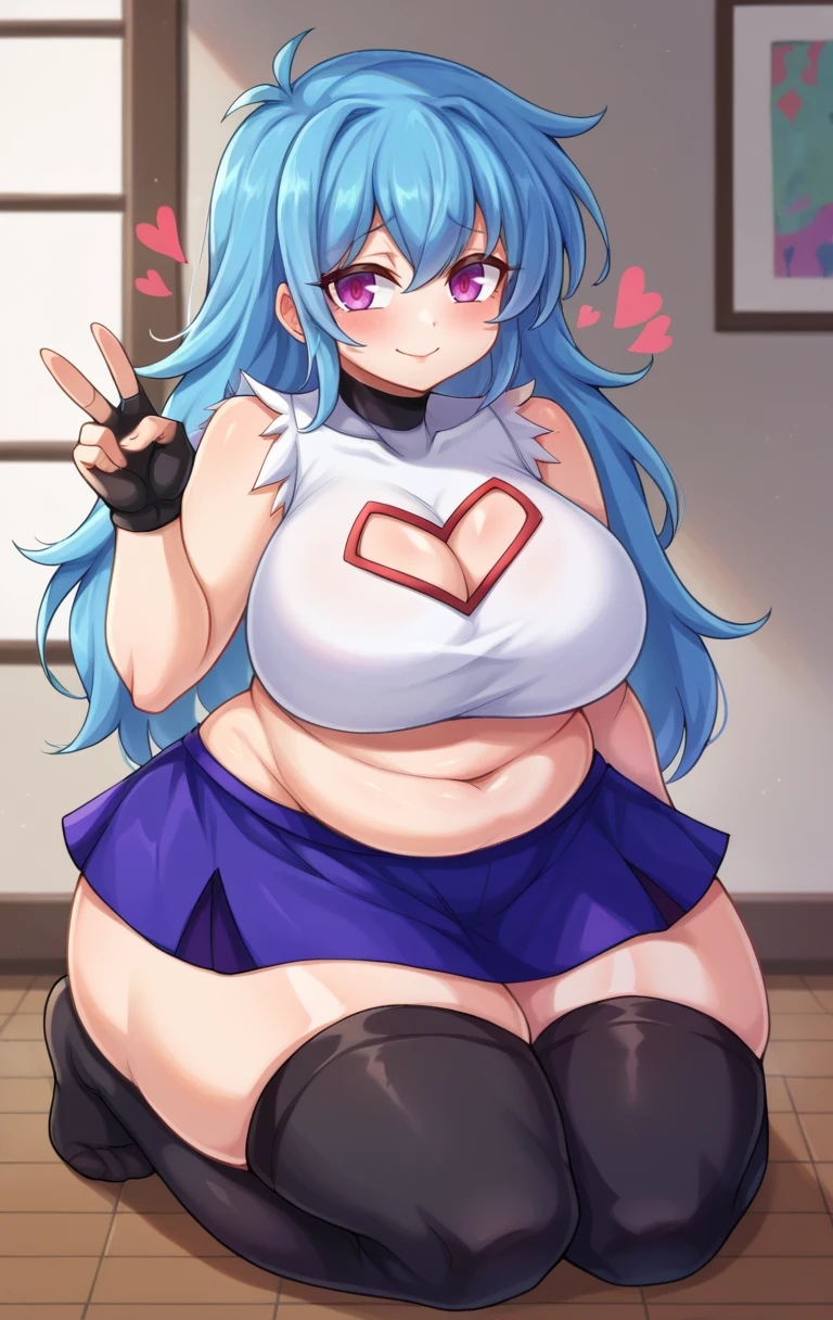 score_9,score_8_up,score_7_up BREAK <lora:skyblue:1>,SkyblueFNF,1girl,solo,long hair,skirt,large breasts,thighhighs,navel,cleavage,blue hair,purple eyes,heart,thighs,sleeveless,midriff,black thighhighs,miniskirt,blue skirt,crop top,clothing cutout,thick thighs,cleavage cutout,curvy,wide hips,plump,fat,heart-shaped pupils,blush stickers,:3,yandere,fingerless gloves,heart cutout,cowboy shot,room,room background,kneeling,v