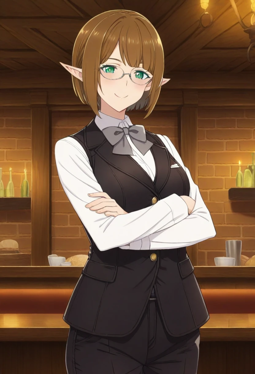 1girl, solo, Ein3Tu113, green eyes, brown hair, short hair, pointy ears, glasses, GuildOutfit, black vest, white shirt, collared shirt, grey bowtie, long sleeves, belt, black pants, crossed arms, <lora:Eina Tulle - KKS illustriousXL Ver:1>, indoors, restaurant, fantasy,  standing, smile