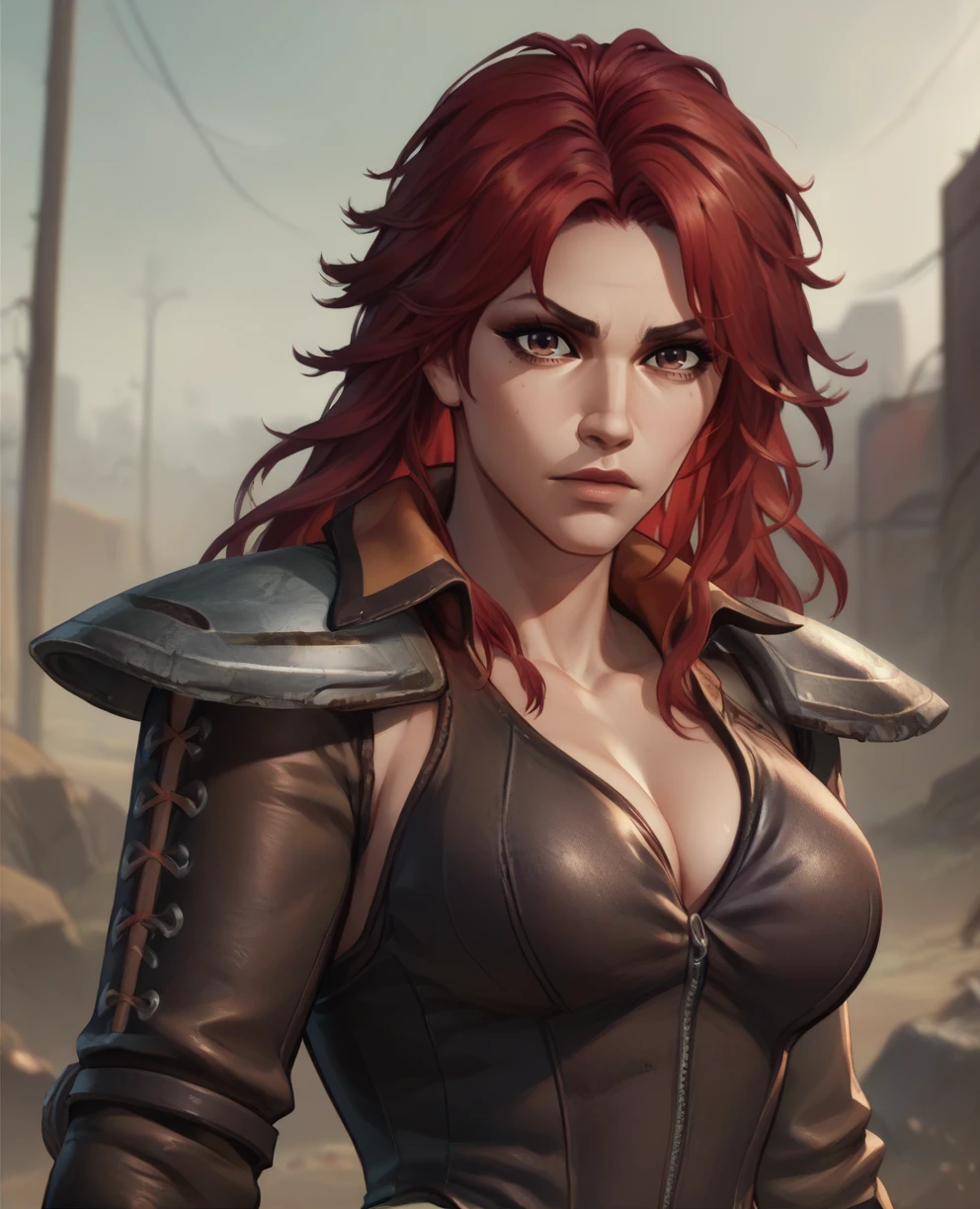 score_9,score_8_up,score_7_up,score_6_up,
Mamiyaxl,red hair,brown eyes,
shoulder pads,leather leotard,cleavage,long sleeves,fingerless gauntlets,
upper body,solo,standing, looking at viewer, 
wasteland,junk yard, 
<lora:MamiyaXL:0.9>,