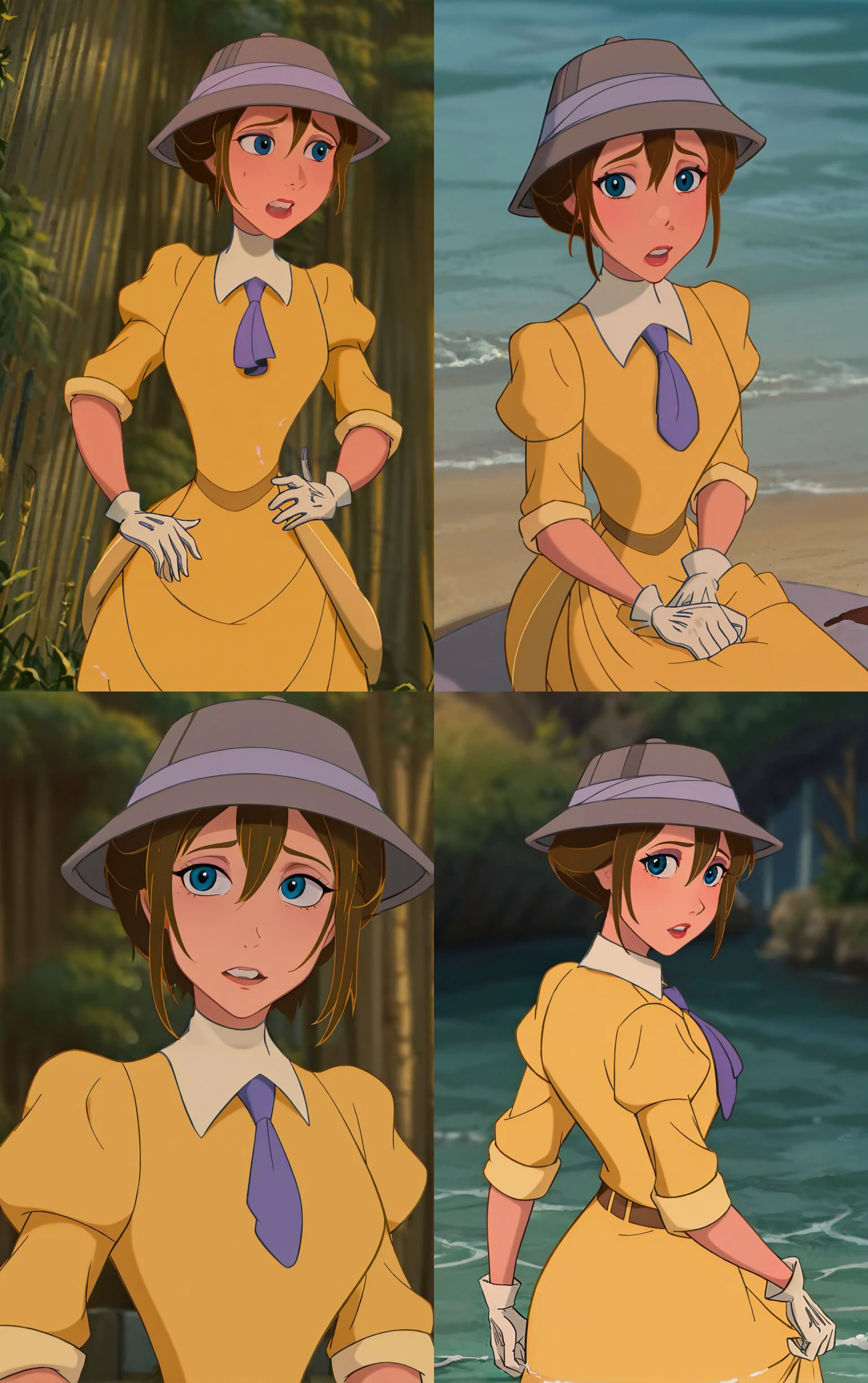 ((masterpiece, best quality)), insaneres, absurdres, solo, looking at viewer,
Hat_JanePorter_ownwaifu, 
1girl, brown hair, short hair, blue eyes, makeup, lipstick, breasts, hair between eyes, 
hat, yellow dress, white gloves, long dress, puffy sleeves, blue ascot, juliet sleeves, purple necktie, long sleeves, blue necktie, short sleeves, grey headwear, puffy short sleeves, collared dress, belt, sleeves rolled up, turtleneck, 
{(contrapposto, hand on hip)<lora:CARTOON_Tarzan_JanePorter_ownwaifu:1>|(from above, sitting)<lora:CARTOON_Tarzan_JanePorter_ownwaifu:0.9>|(portrait, close-up)<lora:CARTOON_Tarzan_JanePorter_ownwaifu:0.8>|(wading, looking back), water,<lora:CARTOON_Tarzan_JanePorter_ownwaifu:0.75>},
lens flare, depth of field, bokeh, embers, vanishing point,