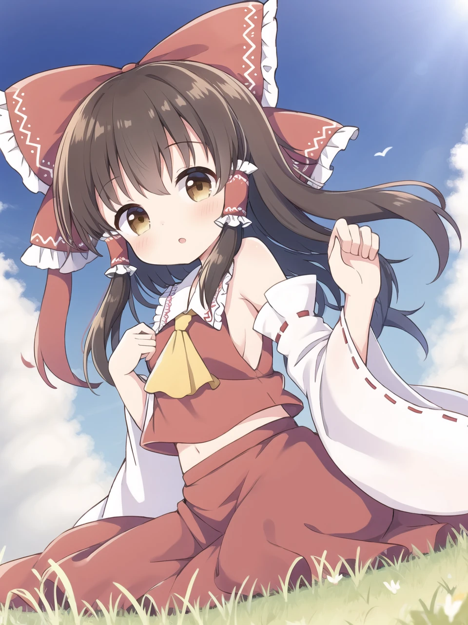 1girl,solo,hakurei reimu,sitting,brown eyes,ribbon-trimmed detached wide sleeves,bangs,hand up,sky,blue sky,bare shoulders,dress,grass,cloud,light,big hair frilled bow,frilled hair tubes,shawl tops,red skirt,from side,<lora:Hakurei reimu_2024.9.23_version2:0.4>,holding hands,