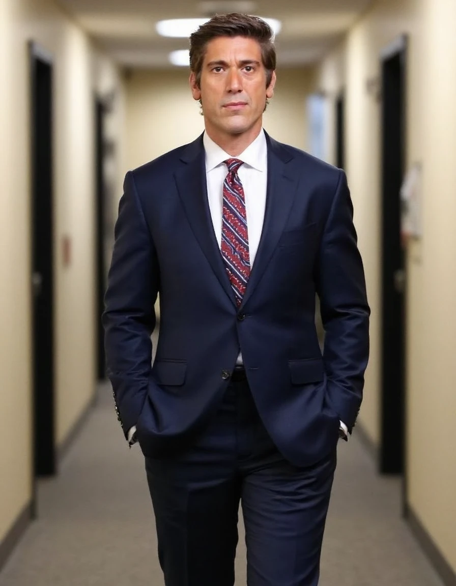 d4v1dmu1r This is a photograph of a handsome man who is walking down a hallway. He has perfectly styled brown hair and is clean shaven.  He is wearing a clean, well tailored suit. The suit jacket is dark blue and the dress shirt is white. He has a red and blue striped tie. He has dark blue slacks. The hallway looks like a news office. He is walking towards the studio. 4k, photography, clear focus, high resolution, high definition  <lora:David_Muir_FLUX:1>  <lora:flux_realism_lora:0.7>