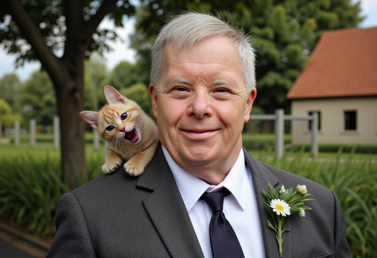 an HD whole-body photo where a dapperly dressed fit elderly man with Down syndrome is in a transformation to an animal.  No watermark, no signature.