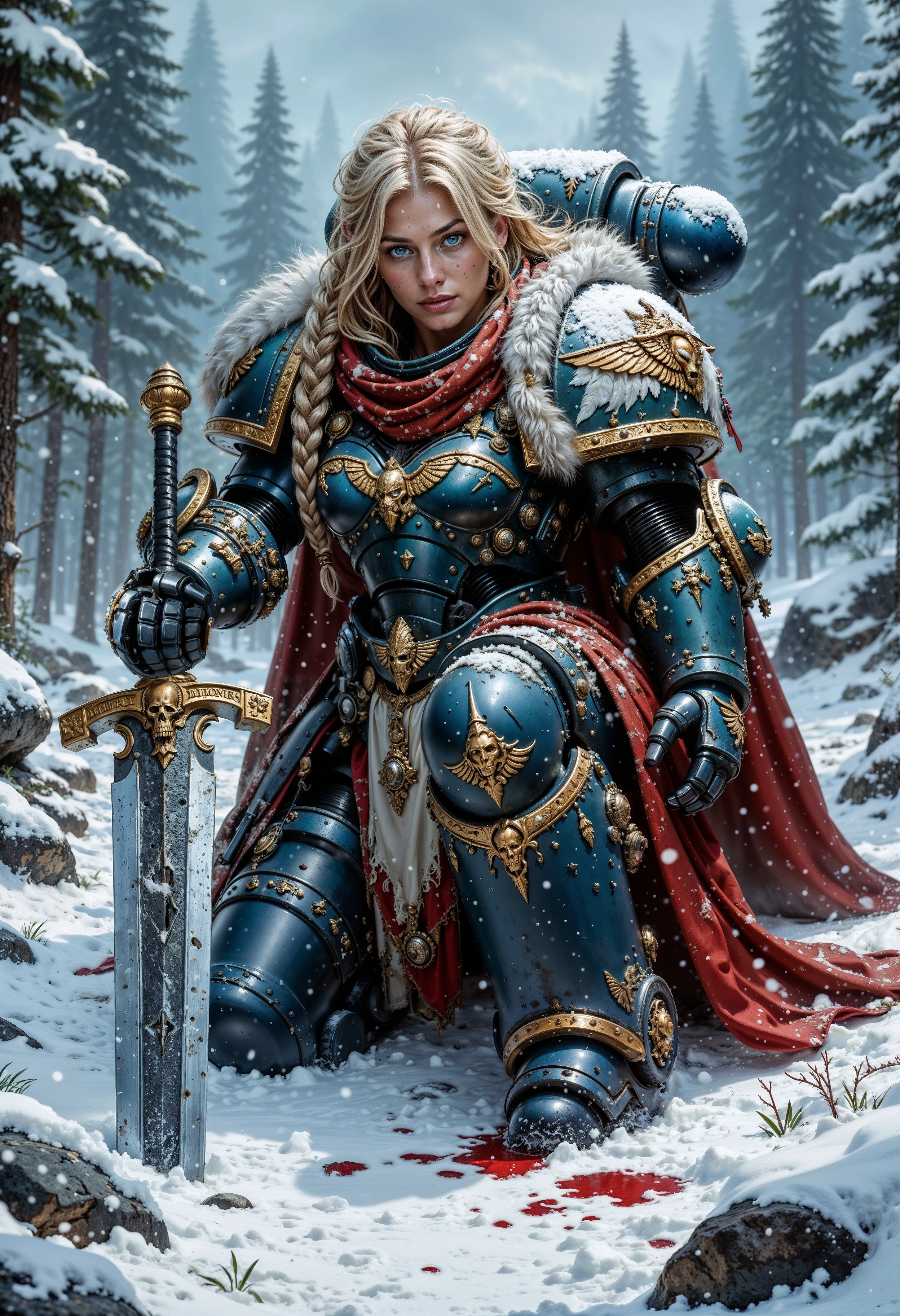 An atmospheric and powerful dark fantasy image, classical style painting of a beautiful female SpaceW40K space marine dressed in intricate power armor. She crouches with her head down and her dirty blonde hair falls over her face. She holds a powerful sword of dark steel. There is blood in the snow around her from a fallen enemy. Cinematic shot in a snowy mountainous region.  <lora:FluxSpaceW40K:1>