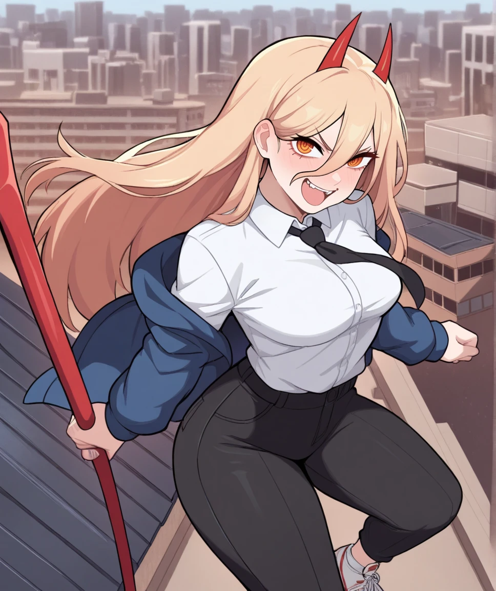 masterpiece, best quality, very aesthetic,gloss, city, rooftop, sitting on roof, 
BREAK
1girl, blonde hair, horns, power \(chainsaw man\), long hair, medium breasts, fangs, yellow eyes, laughing, standing, blue jacket, white shirt, necktie, black pants,looking at viewer, holding weapon, holding scythe, scythe, solo
 <lora:maidcousin_ill-fandango:0.8>