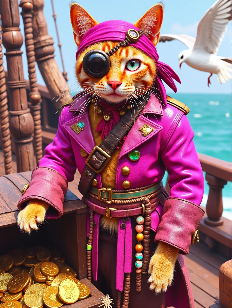 pirai, A fierce, one-eyed cat dressed in a patched leather pirate jacket, with a tiny tricorn hat sitting between its furry ears. It stands on the deck of a pirate ship, paw on a treasure chest, with shiny gold coins spilling out. The cat’s bushy tail has beads woven into it, and its sharp claws are glinting in the sunlight as seagulls circle overhead.