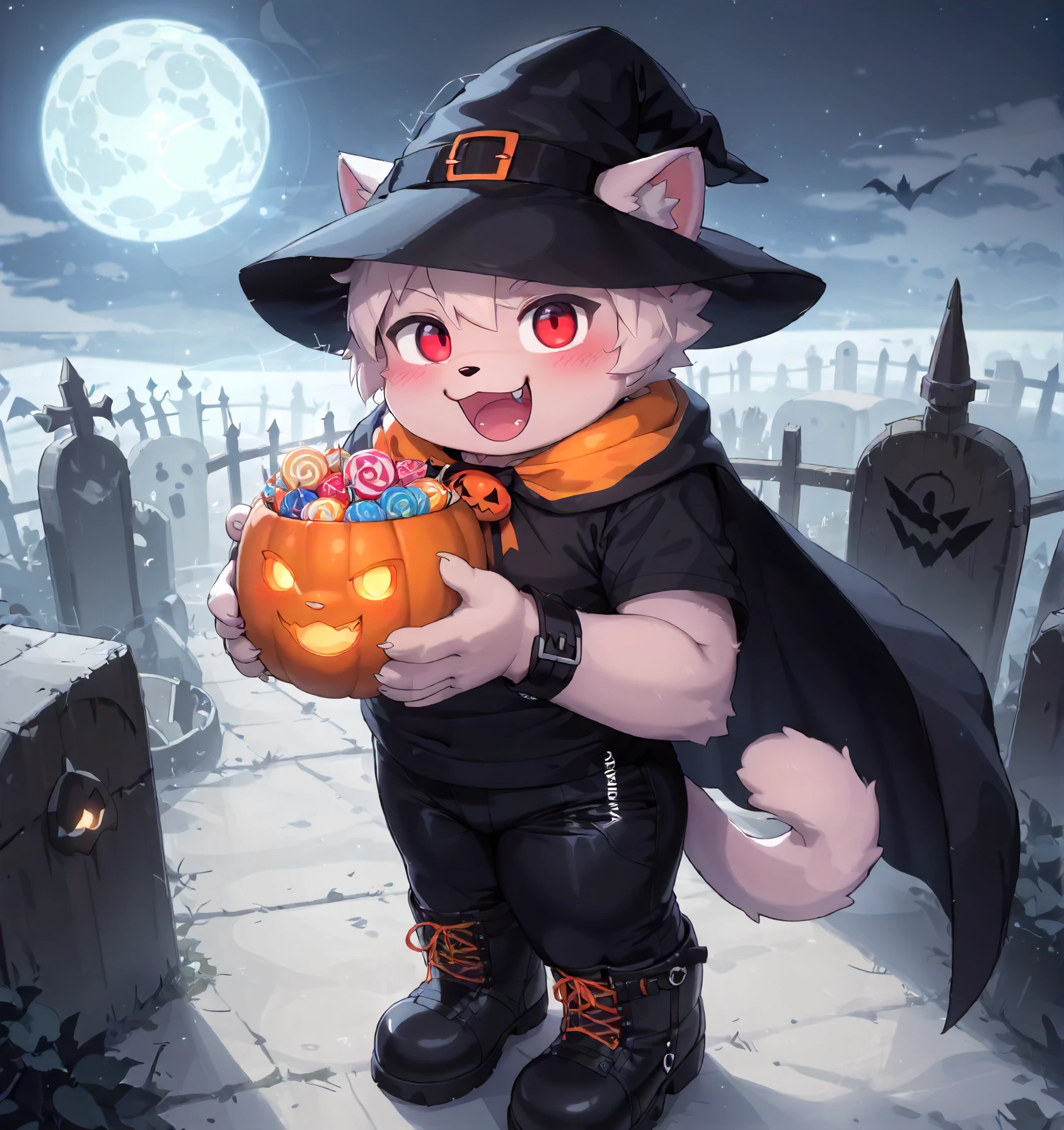 score_9_up, score_8_up, score_7_up,m0kiart1, m0kiart1, looking at viewer, blush, smile, open mouth, red eyes, 1boy, cat tail, cat ears, cat boy, full body, cape, fangs, furry, halloween, plump, furry boy,  claw pose,graveyard,cute,wizard costume,wizard hat,black pants, boots, black tshirt,plump,holding jack o lantern basket,masterpiece, best quality, ultra-detailed, illustration,from above,cute,lens distortion,lens flare,mist,fog,concept art,dark theme,standing,motion lines,glow,moon,night,candy,food