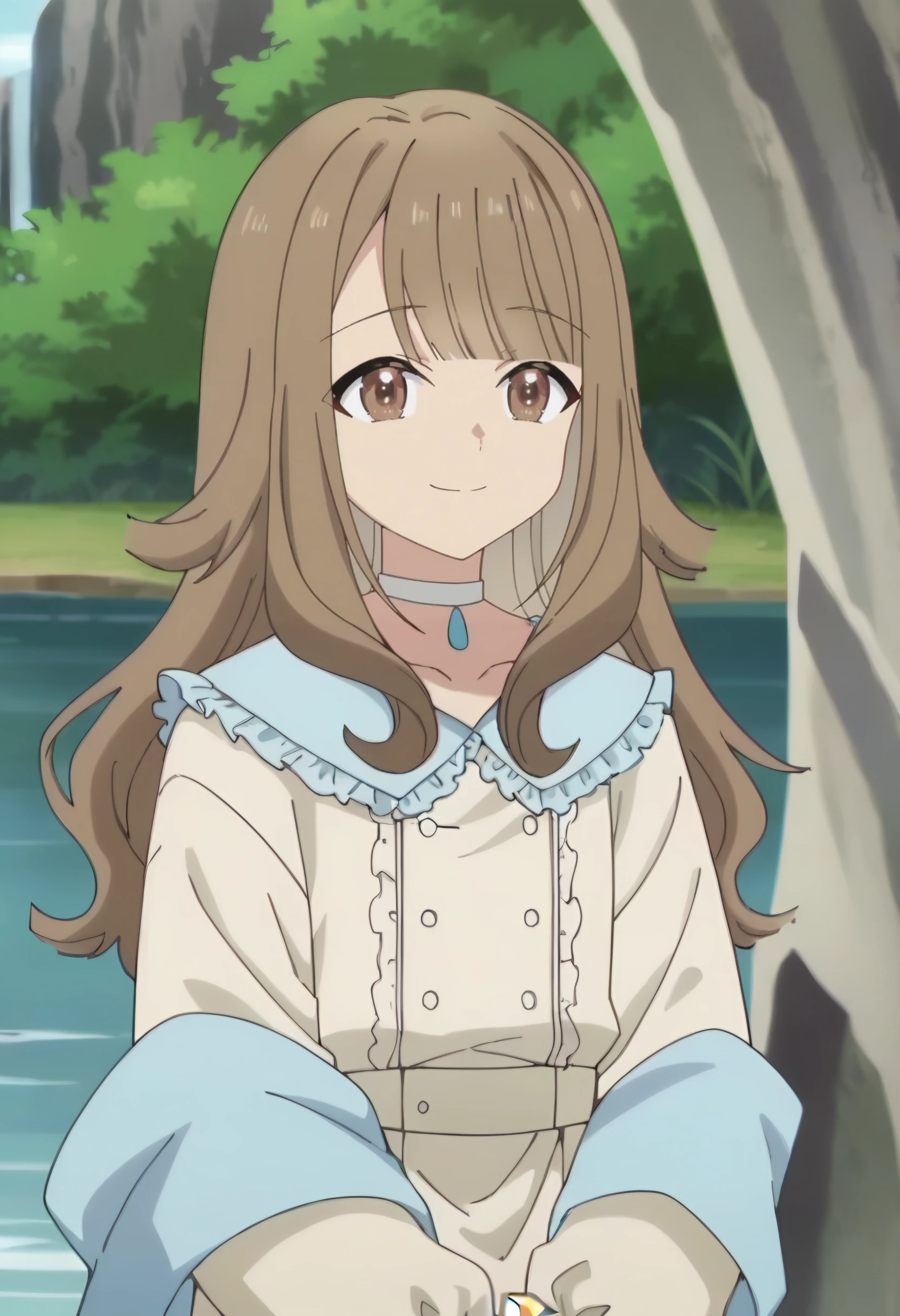 <lora:Hikari Tanabe:0.9> Hikari Tanabe, 1girl, brown eyes, long hair, brown hair , solo,blunt bangs,       choker, long sleeves,  collarbone, shawl, frills,  white dress, looking at viewer, smile, score_9, score_7_up,anime coloring ,source_anime, anime, anime screencap