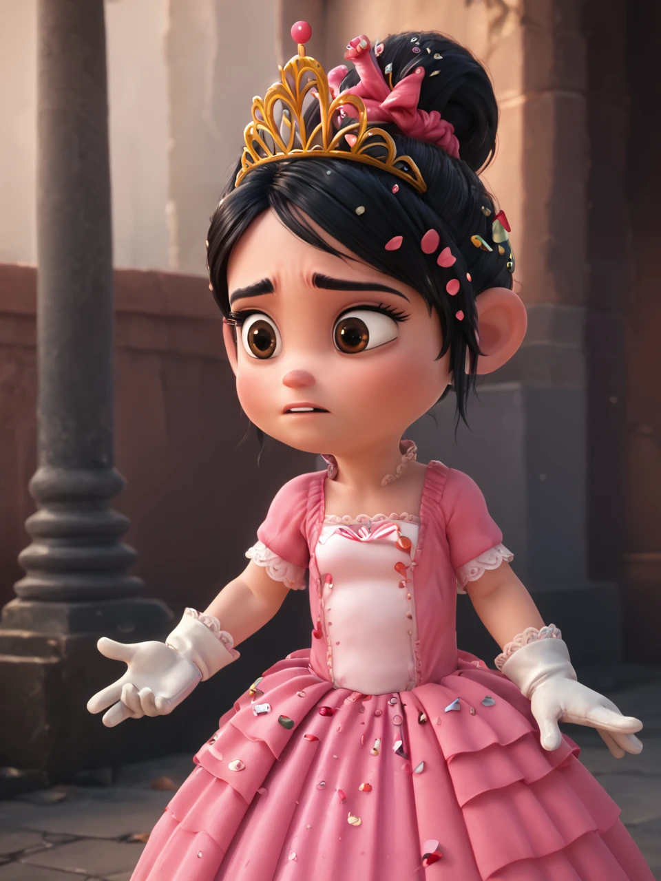 score_9, score_8_up, score_7_up,  score_6_up, BREAK, VanellopevonS, 1girl, solo, black hair, hair ornament, hair scrunchie, black hair, single hair bun, tiara, pink dress, white gloves, princess, <lora:David_style:1> Poststyl  <lora:Vanellope3:0.8>