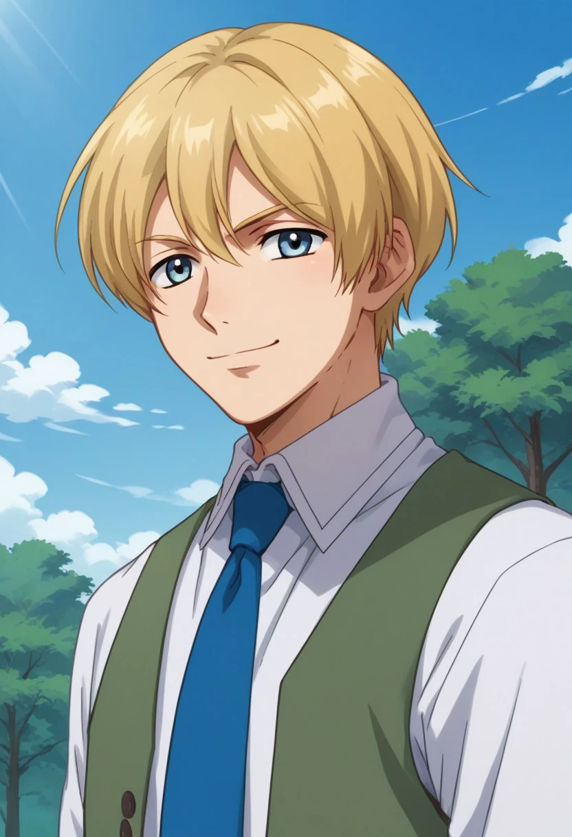 score_9, score_8_up, score_7_up, source_anime, highly detailed, 
1boy, 1boy, male focus, solo, blonde hair, blue eyes, shirt, white shirt, collared shirt, necktie, blue necktie, vest, green vest, upper body, smile
outdoor, sky, cloud, tree