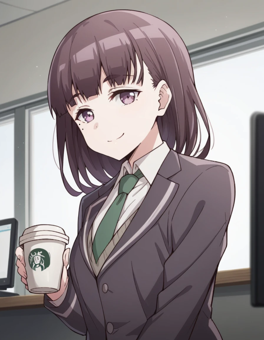 score_9, score_8_up, score_7_up, source_anime, <lora:hazuki-morikawa-s1-ponyxl-lora-nochekaiser:1>, hazuki morikawa, brown hair, purple eyes, medium hair, mole, mole under eye, medium breasts,, skirt, shirt, school uniform, jacket, white shirt, necktie, collared shirt, blazer, green necktie,, home office, working from home, computer screen, coffee cup, focus, deadline, smile, looking at viewer, from side, solo,, dutch angle,