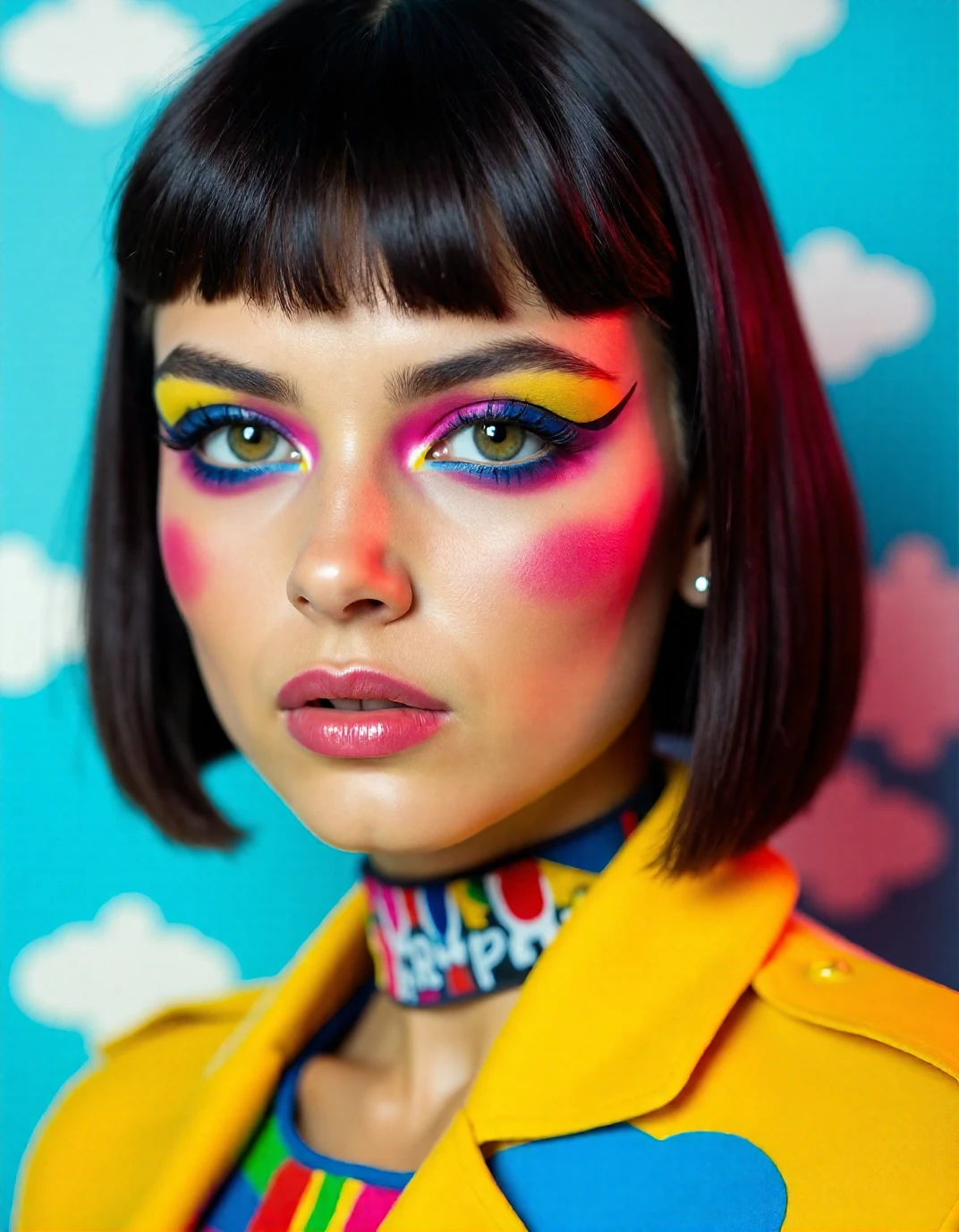 (best quality, 4K, 8K, high-resolution, masterpiece), ultra-detailed, photorealistic, striking young woman, bold Neo-Gothic makeup, bold Neo-Gothic hair, vibrant Pop Art inspired outfit, intricate facial designs, modern fashion, high fashion, vibrant colors